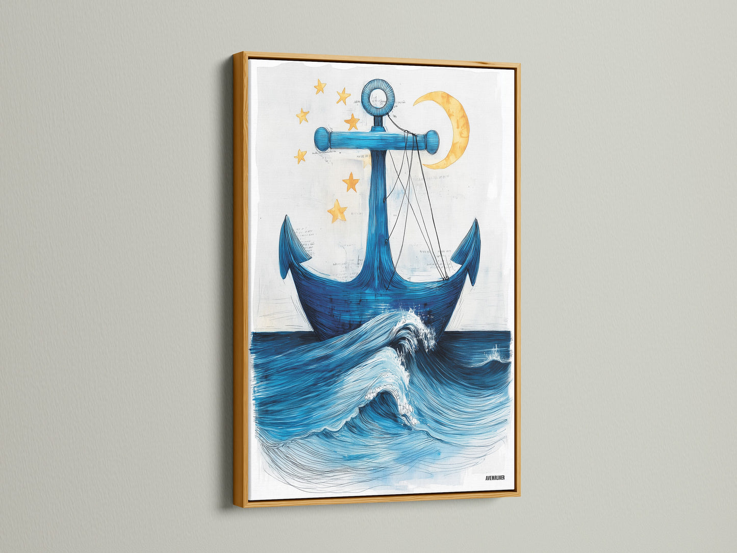 Anchor Canvas Print with a gold frame displayed on a white wall. This nautical-themed artwork brings a touch of elegance to your home. The blue and gold accents enhance any coastal decor. Perfect for beach house interiors and seaside artwork collections. Elevate your space with this stunning ocean art