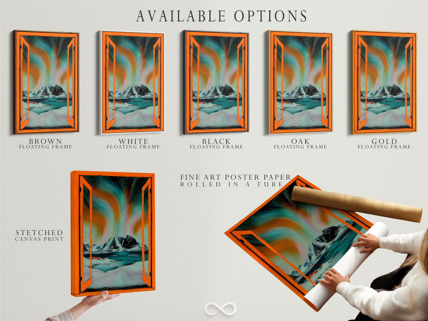 Available options include a stretched canvas print fine art poster paper and a floating frame. These options showcase Aurora Borealis artwork. Enjoy Nordic landscape wall art with an open window view. Teal and orange colors enhance modern decor.