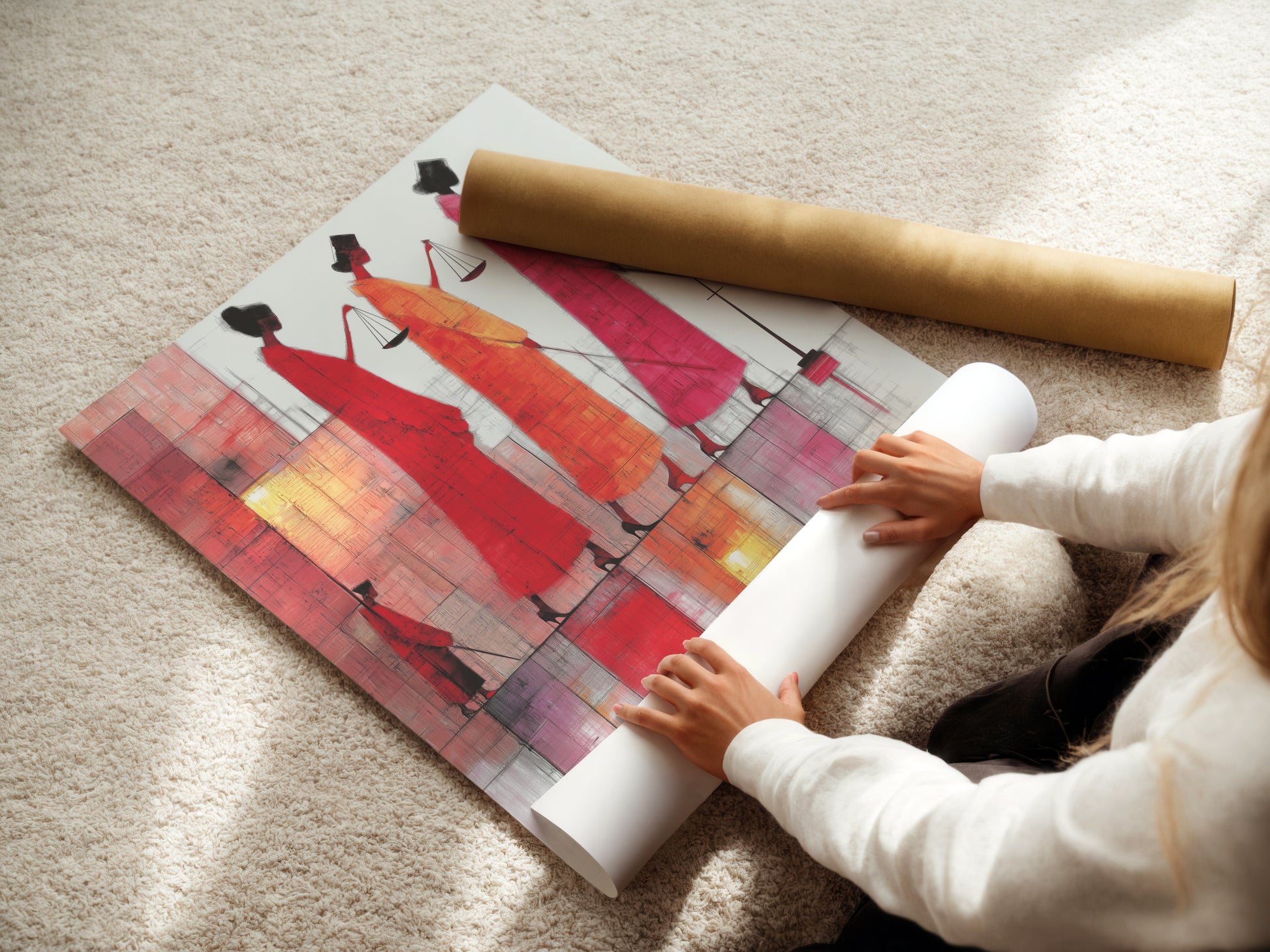 A woman carefully rolls a fine art poster paper of the Justice Scales artwork. The poster paper captures the artwork's detail. It is a versatile option for displaying this legal themed art. Perfect for any space.