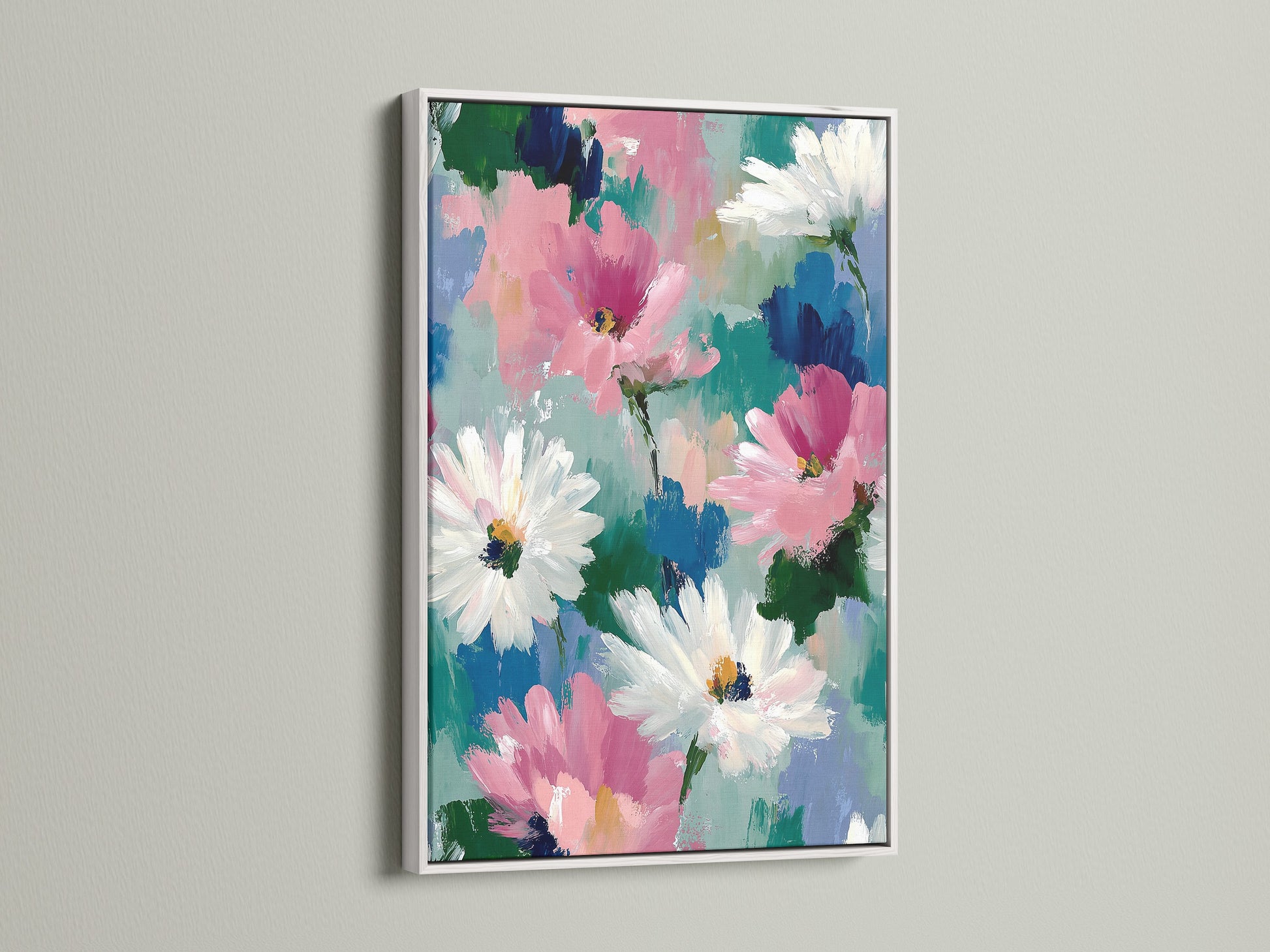Brighten your walls with this abstract floral artwork. The daisy artwork is framed in a clean white frame. This modern botanical canvas is ideal for creating a fresh spring atmosphere. This artwork will transform your bedroom decor or nursery floral art.