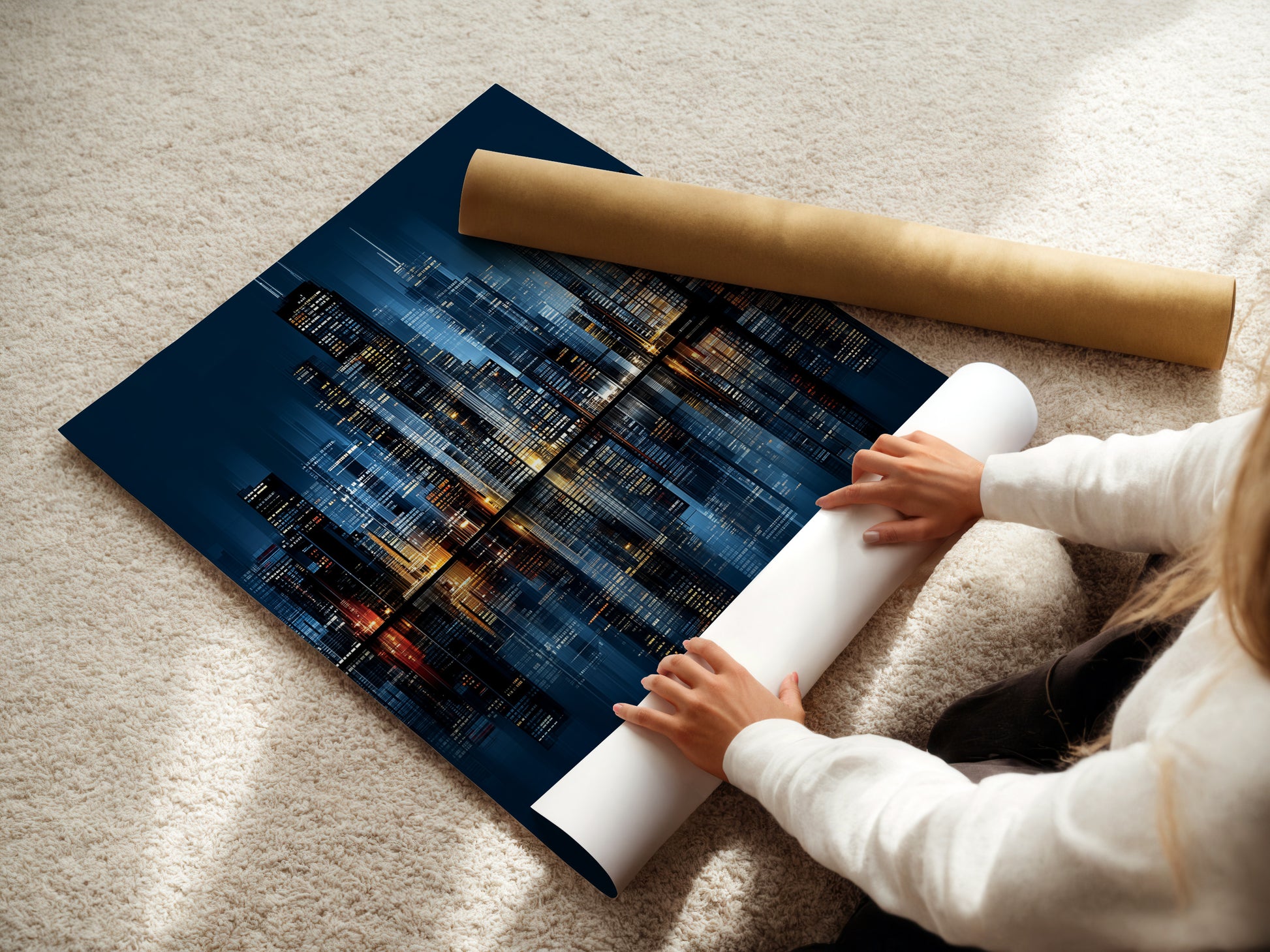 A woman carefully rolls a fine art poster paper print of the Chicago skyline. High quality materials ensure a lasting piece of urban photography. This cityscape art print is ready to frame. It's perfect for modern wall decor.