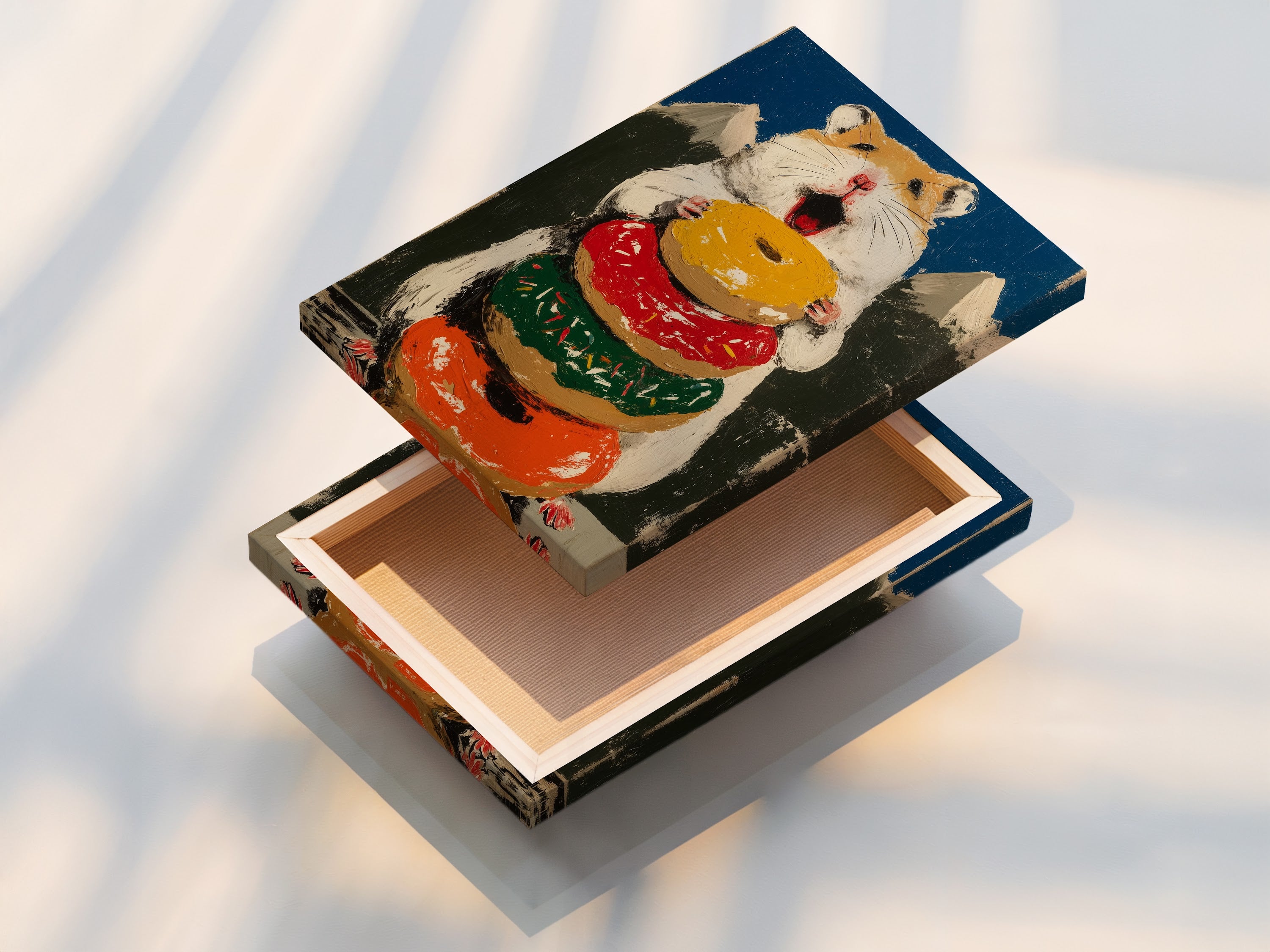 A stretched canvas print version of the Hamster Donut artwork is displayed. This art is perfect for a kitchen or bakery. The artwork features a cute hamster holding a stack of colorful donuts. This is a fun and quirky piece of art.