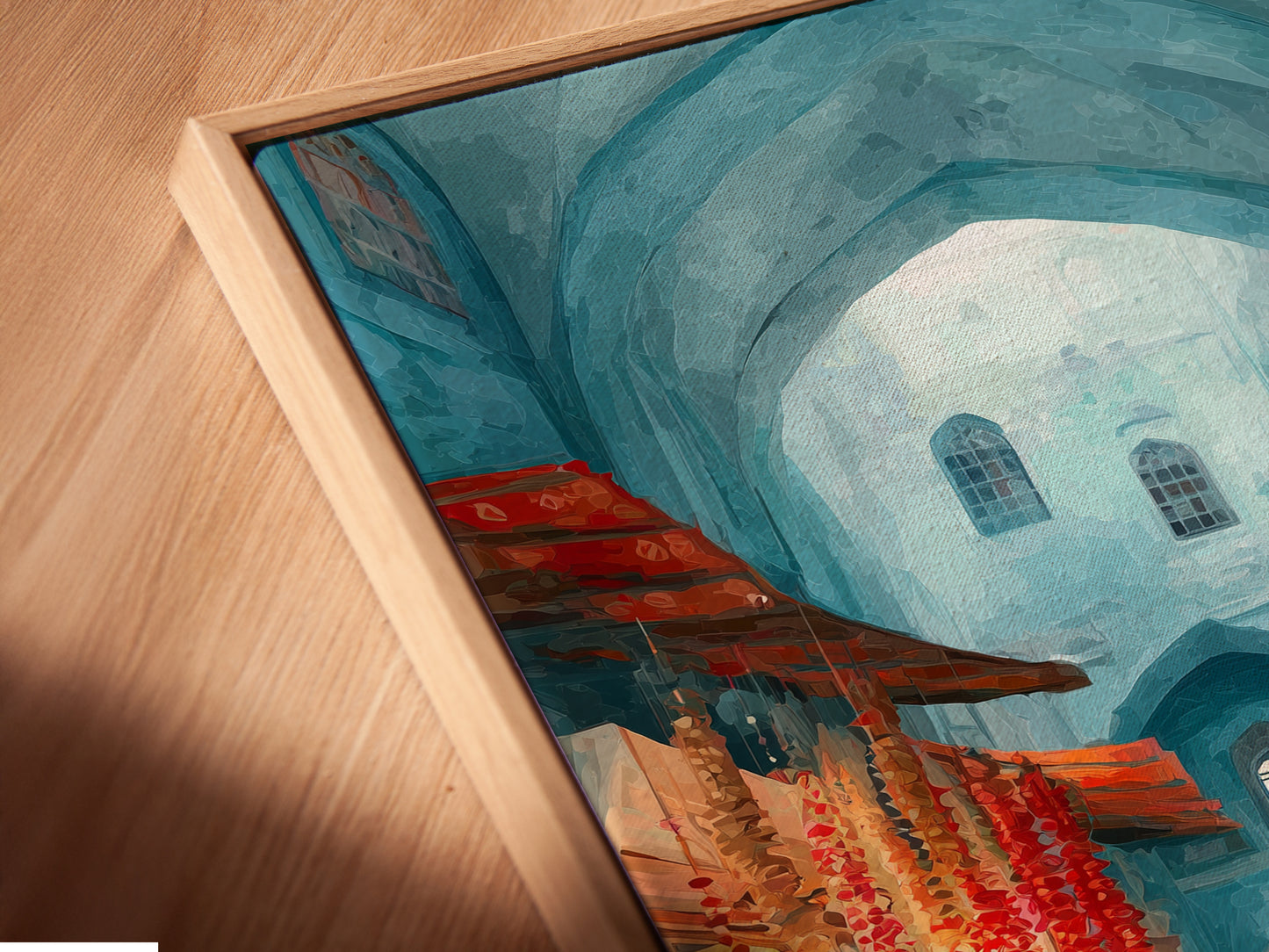 Close-up angled view of a canvas print in a floating frame. The Spice Market artwork features teal and red tones. The floating frame gives a modern gallery feel. Perfect for any room.