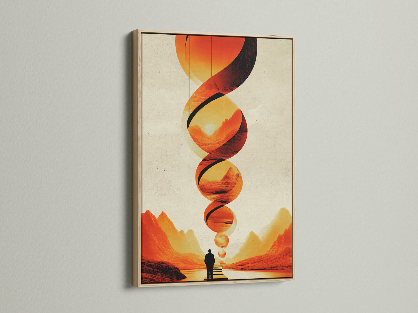 Abstract geometric artwork in an oak frame. The art features orange and red tones. This modern canvas art enhances any room. It's perfect for minimalist or Scandinavian styles. Add a touch of contemporary elegance. This surreal landscape print is ideal for living rooms and offices. It's a vibrant addition to any art collection.