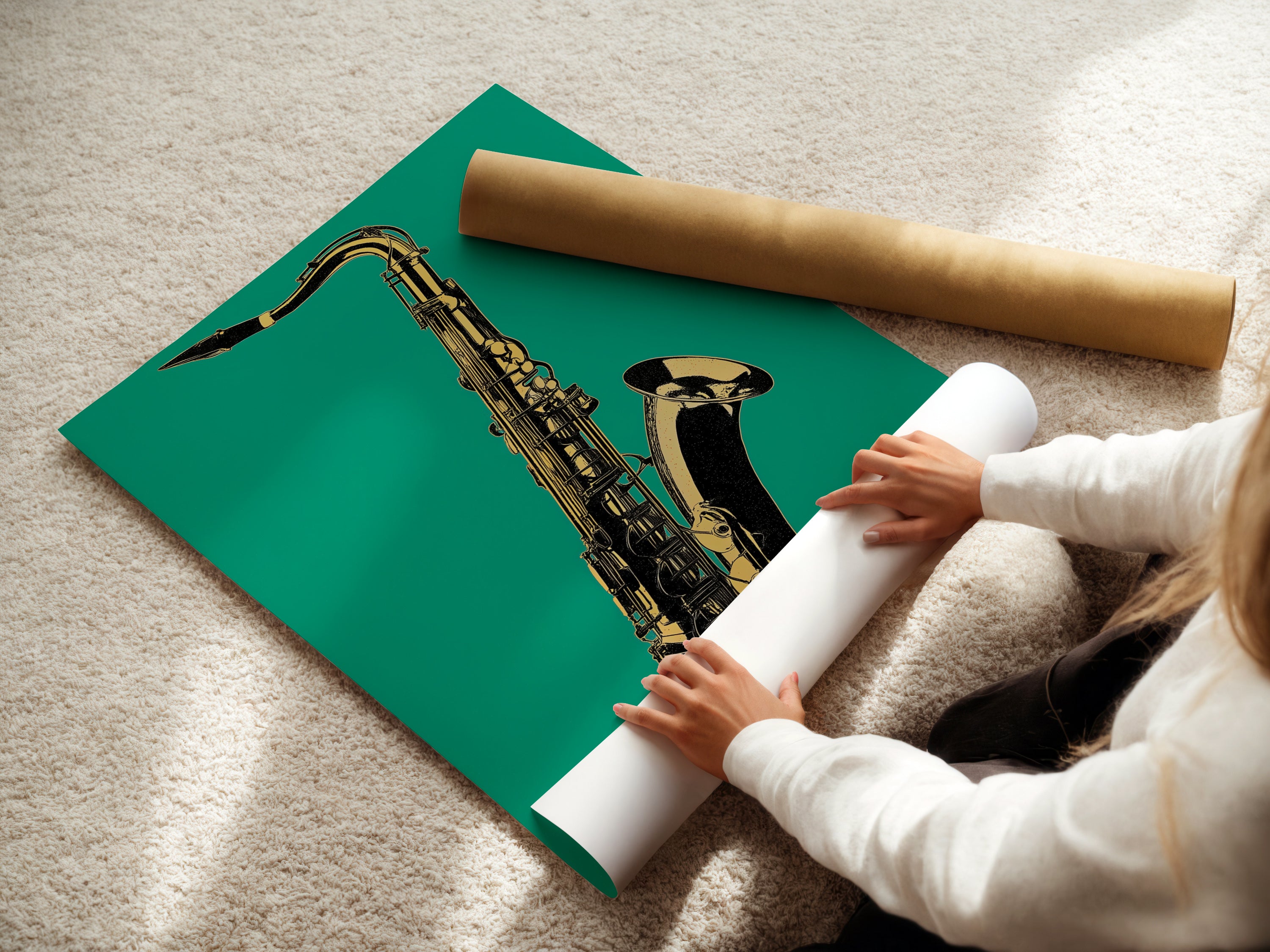 A woman is carefully rolling a fine art poster paper. Preparing a saxophone artwork for display. This teal green jazz instrument print is ready to enhance your space. Perfect for music room decor. Get your own music wall decor today. This is a great music lover gift.