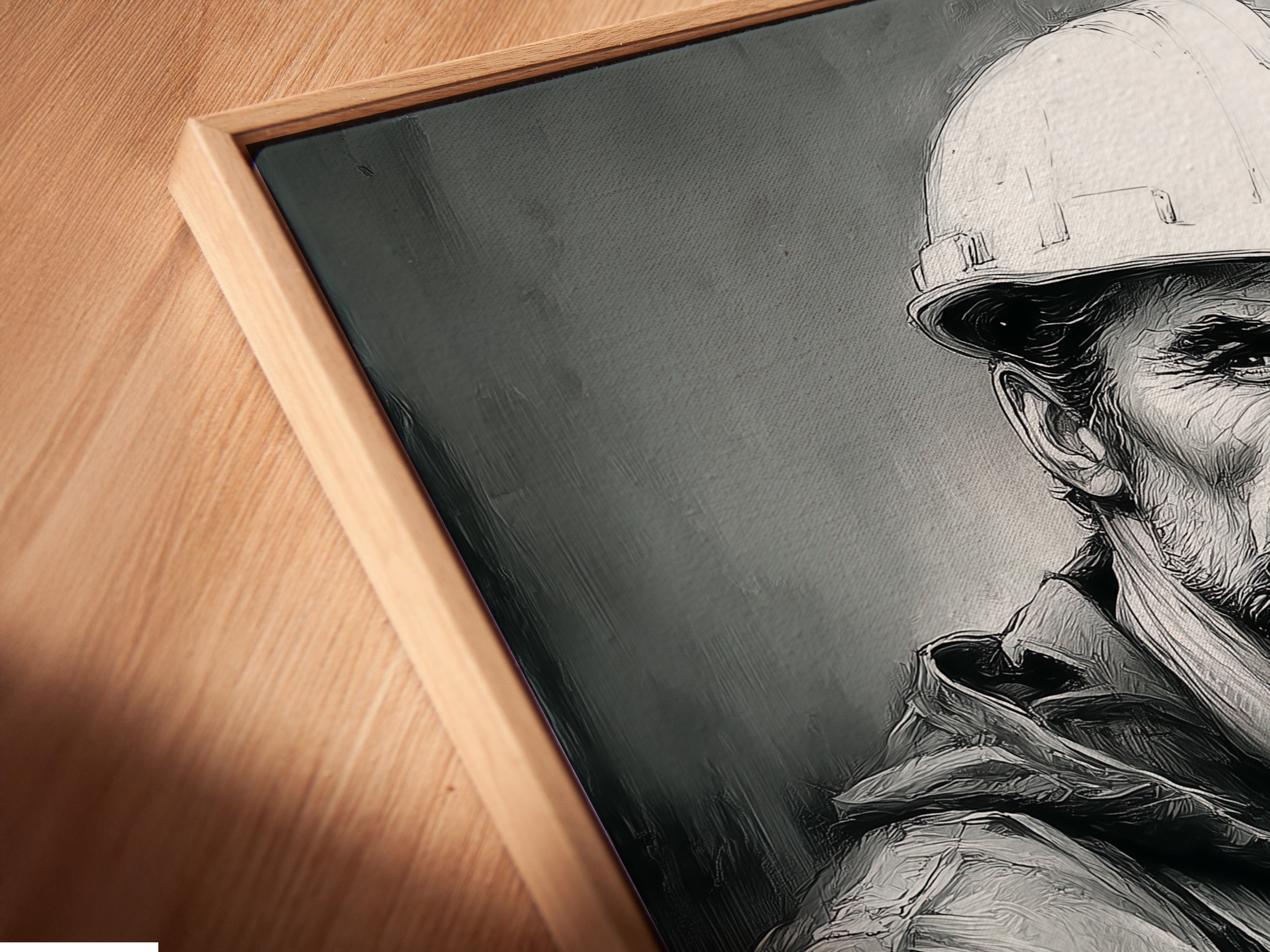 A close-up of the canvas print in a floating frame. The industrial portrait of a construction worker stands out. The framed artwork enhances the details and adds depth to the piece. Ideal for adding a touch of realism to your office or home decor.