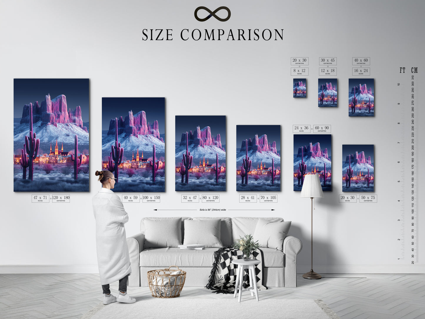 A size comparison chart displays the desert mountain canvas print in an interior setting. See how different sizes fit in your space. Visualize the impact of this pink cactus wall art. It will transform your living room or office.