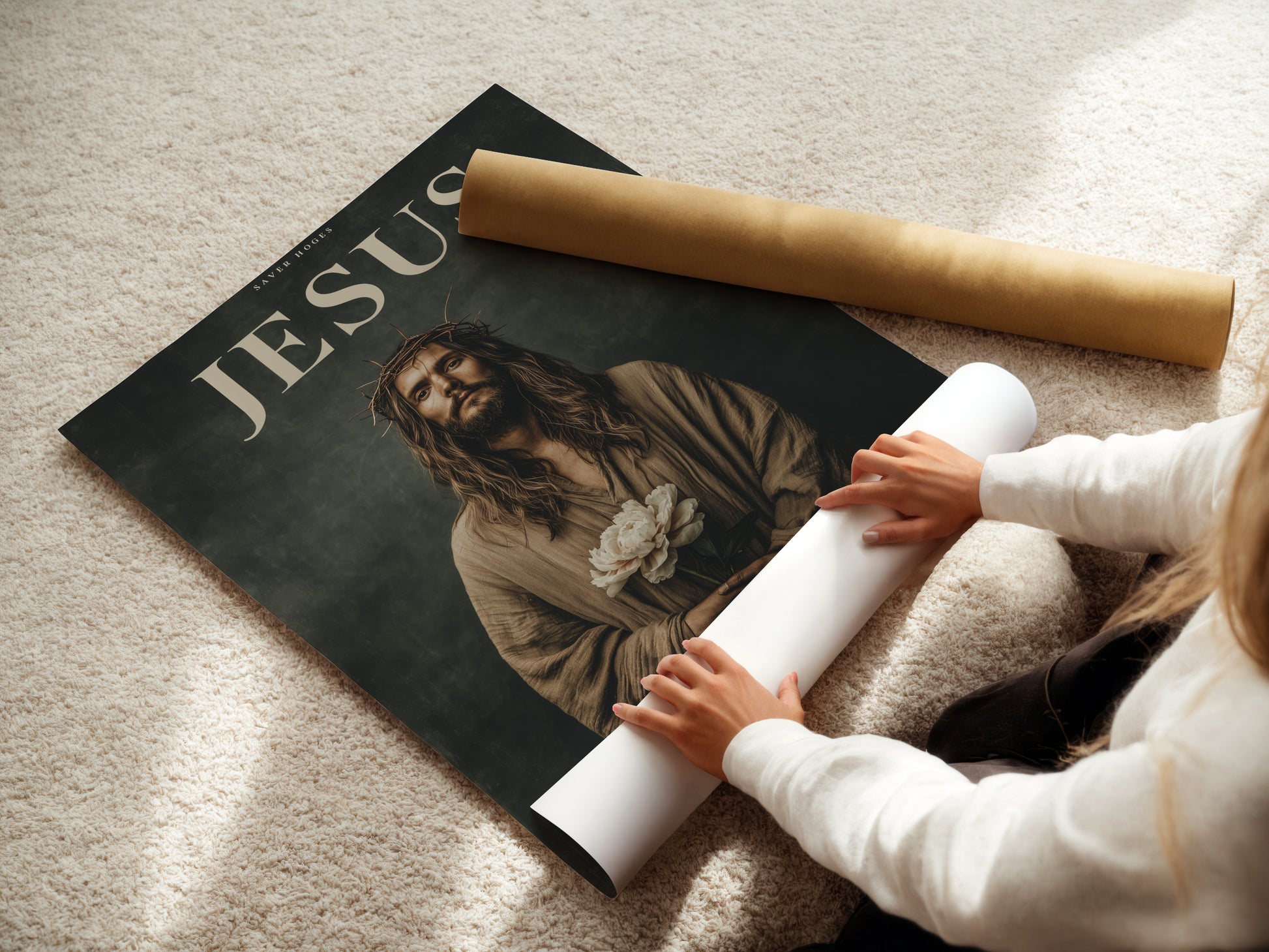 Woman carefully handling fine art poster paper. She is ensuring the highest quality. The fine art poster paper enhances artwork. High quality materials are used. The paper is smooth. The colors appear vibrant on this paper.