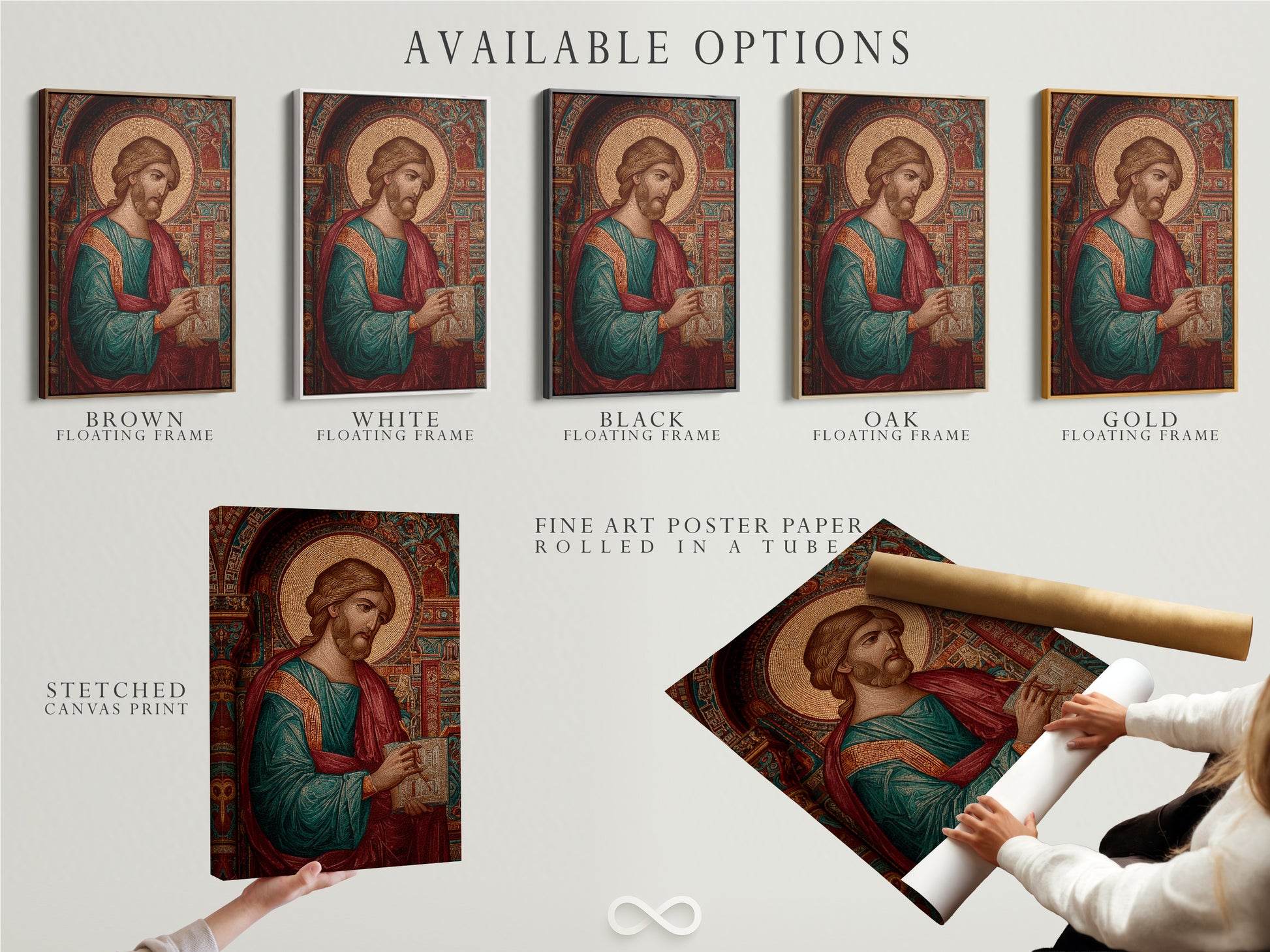 Available options are displayed: stretched canvas print fine art poster paper and floating frame. Choose the perfect medium and framing style. Customize your art to match your taste. Explore the art options.