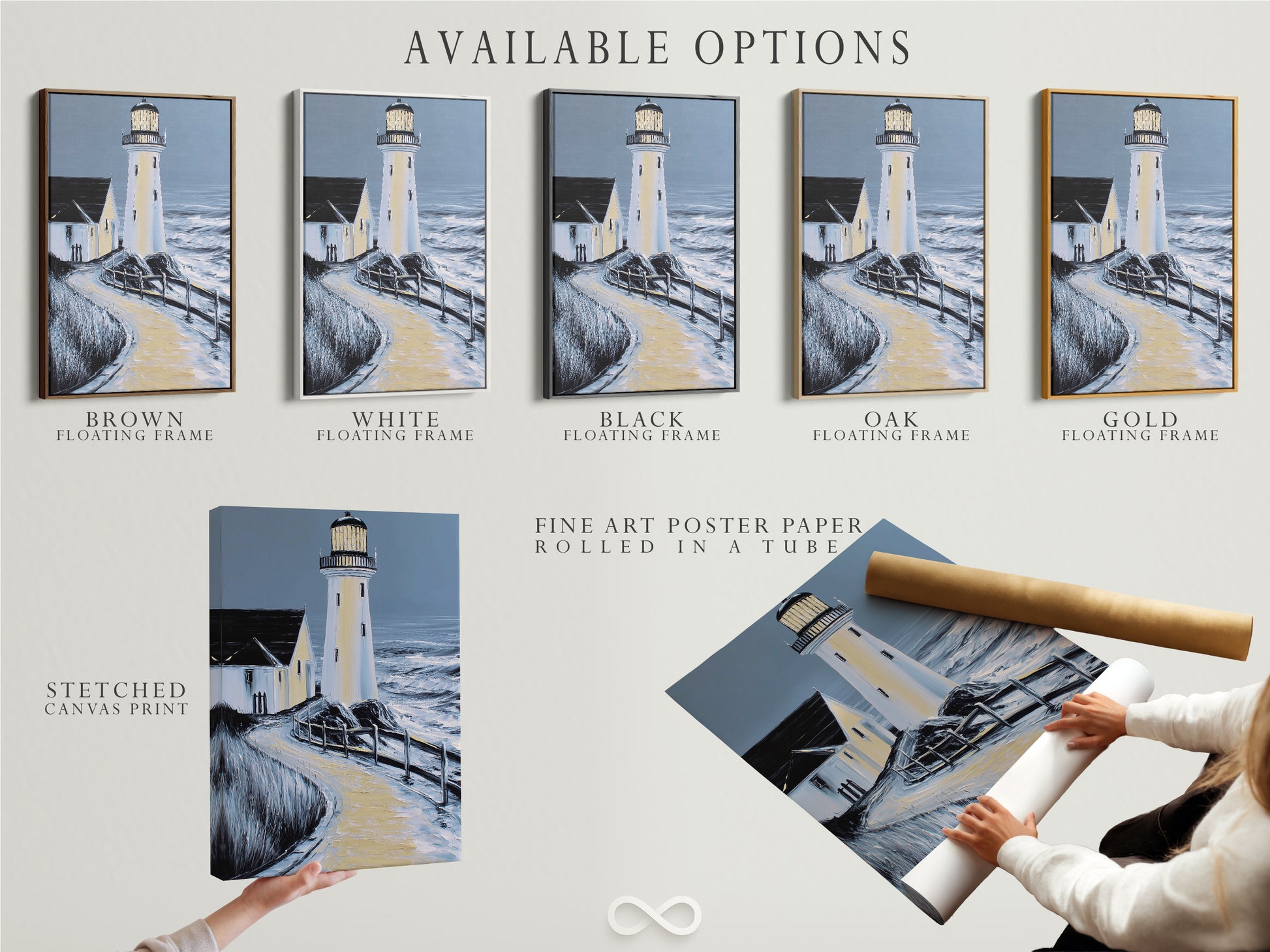 Available options for lighthouse artwork are displayed. Choose from stretched canvas print fine art poster paper or floating frame. Each option enhances the nautical artwork. Find the perfect fit for your decor.
