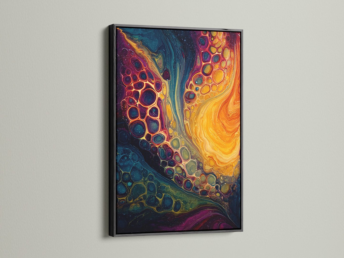 Artwork showcased in a sleek black frame. The black frame provides a bold and sophisticated touch. It enhances the artwork's contrast and visual impact. Consider a black frame to add drama to your space. It is a timeless choice for art presentation.