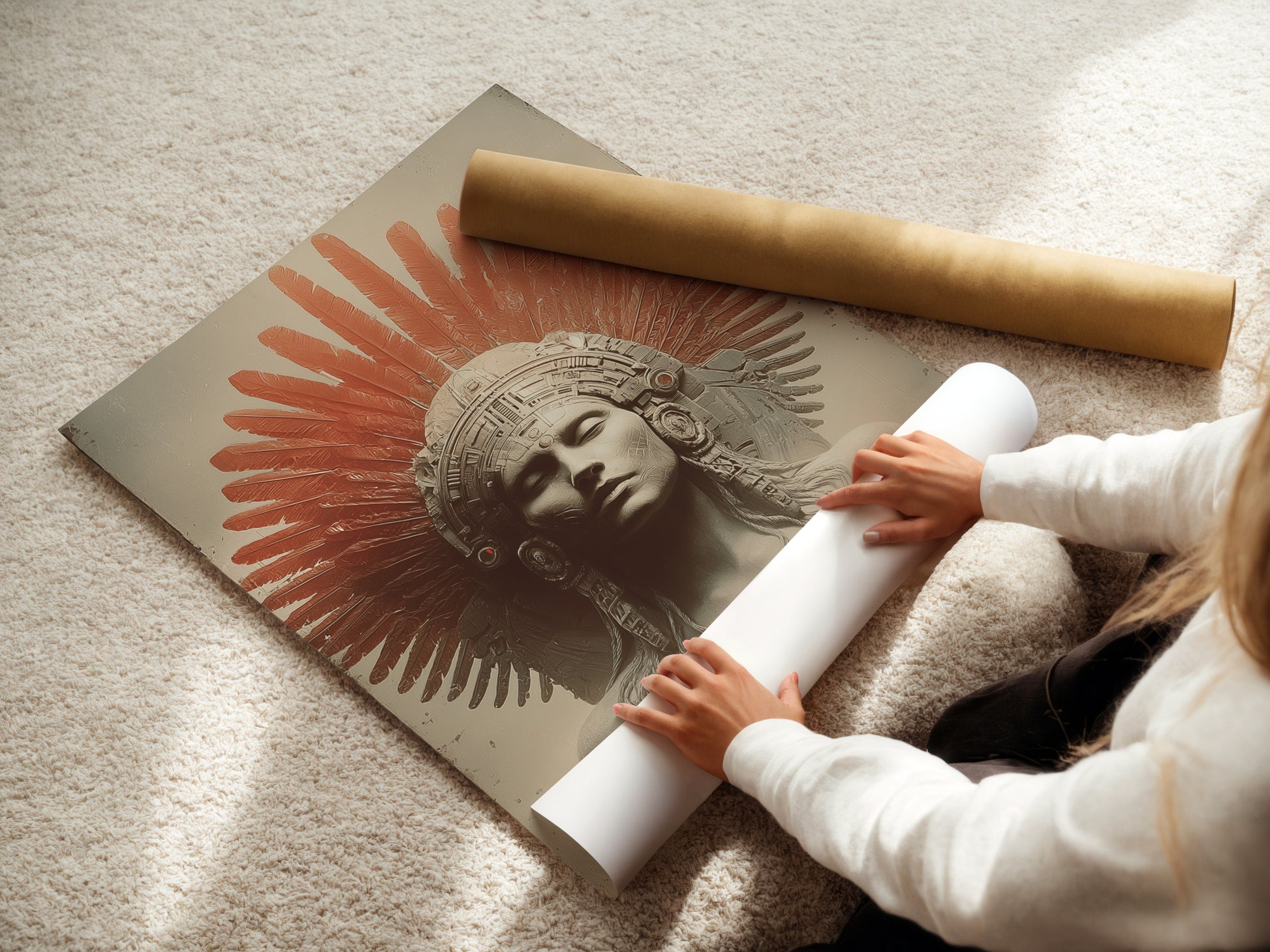 A woman is carefully rolling a fine art poster paper. The paper features high-quality artwork. Her attention to detail ensures perfect preservation. The artwork features an indigenous person with red feathers and a temple. Discover the beauty of fine art prints.