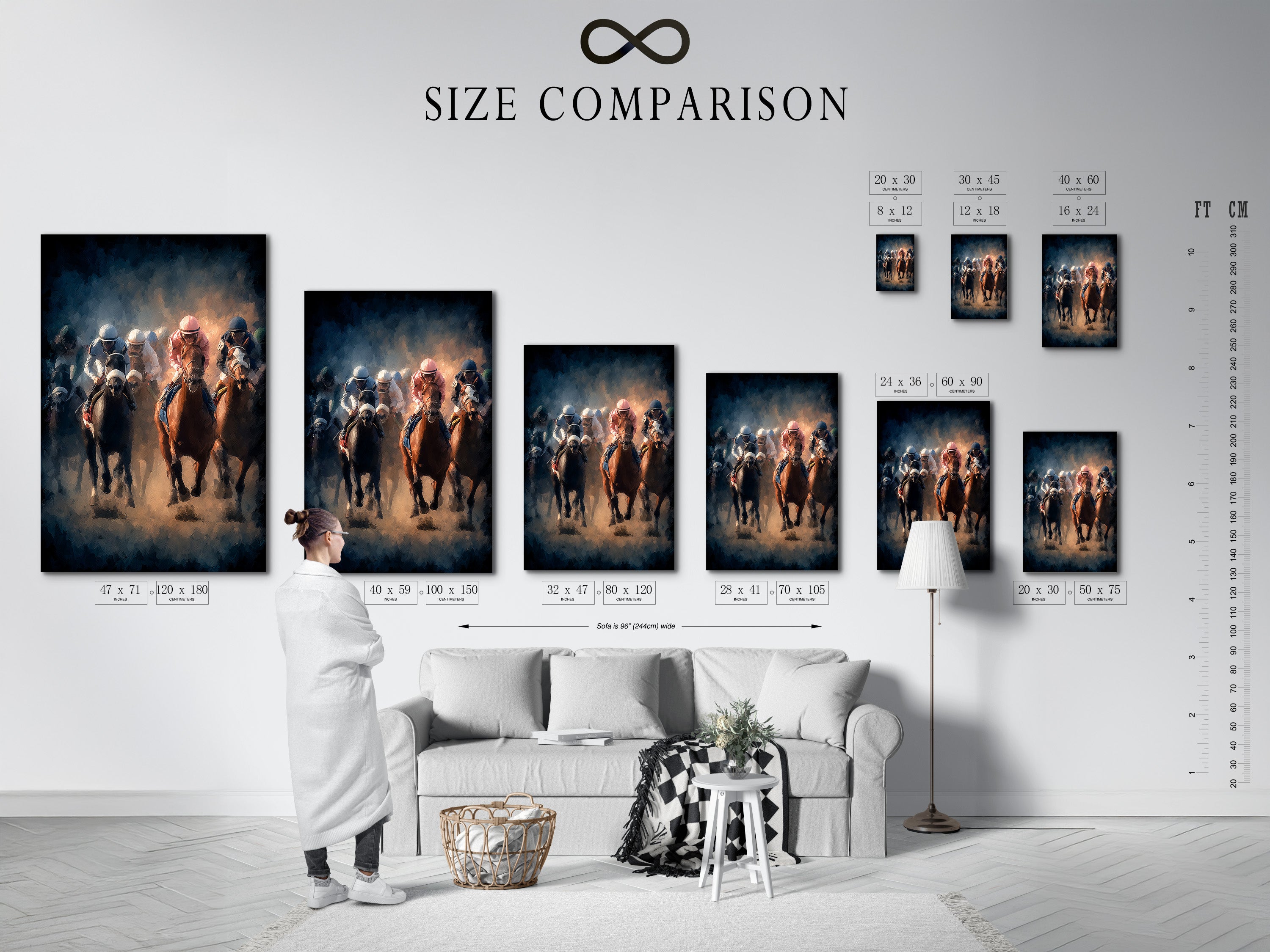 A size comparison chart displayed in an interior setting. The chart showcases various artwork dimensions. See how different sizes fit in your living space. Visualize the perfect fit for your wall decor