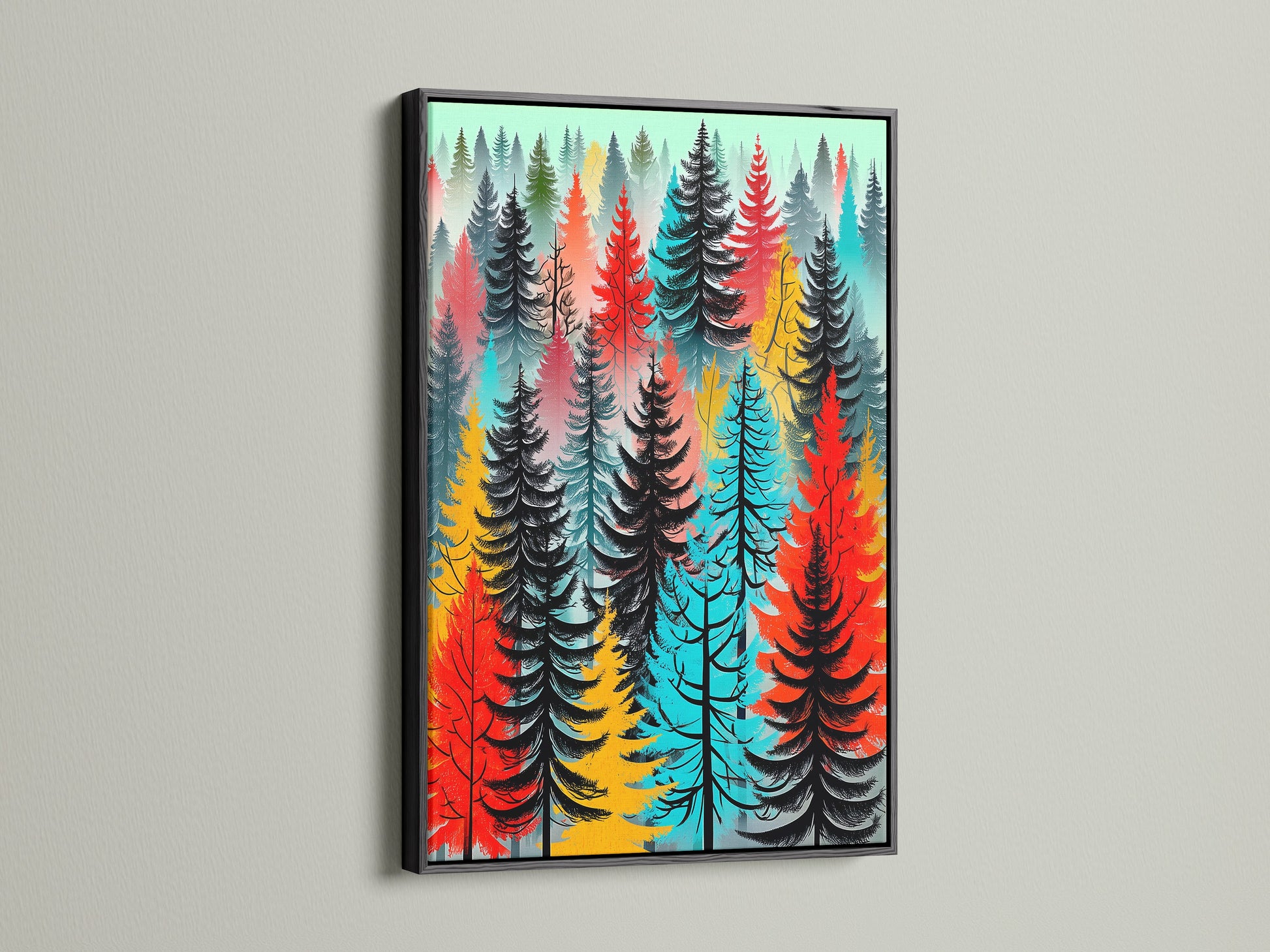 Colorful forest artwork in a black frame. This modern artwork adds a sophisticated touch to any space. The abstract forest print features vibrant red turquoise and black trees. This tree wall art complements minimalist decor and creates a striking focal point. Ideal as home office art or living room wall art. It enhances wall decoration.