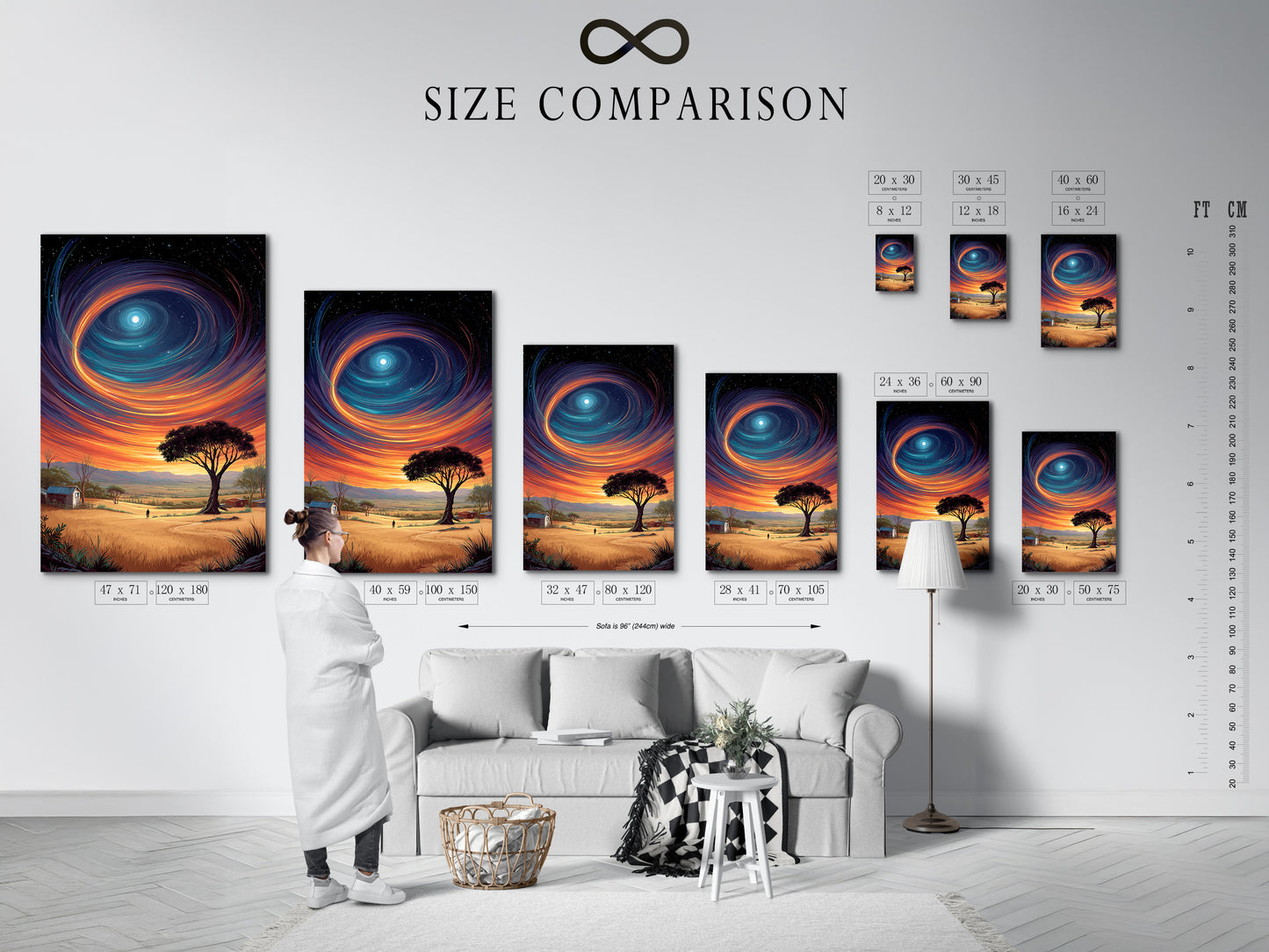 A size comparison chart is displayed in an interior setting. Featuring a surreal landscape canvas print it helps visualize artwork dimensions. Perfect for planning your bedroom wall decor. Choose the right size.