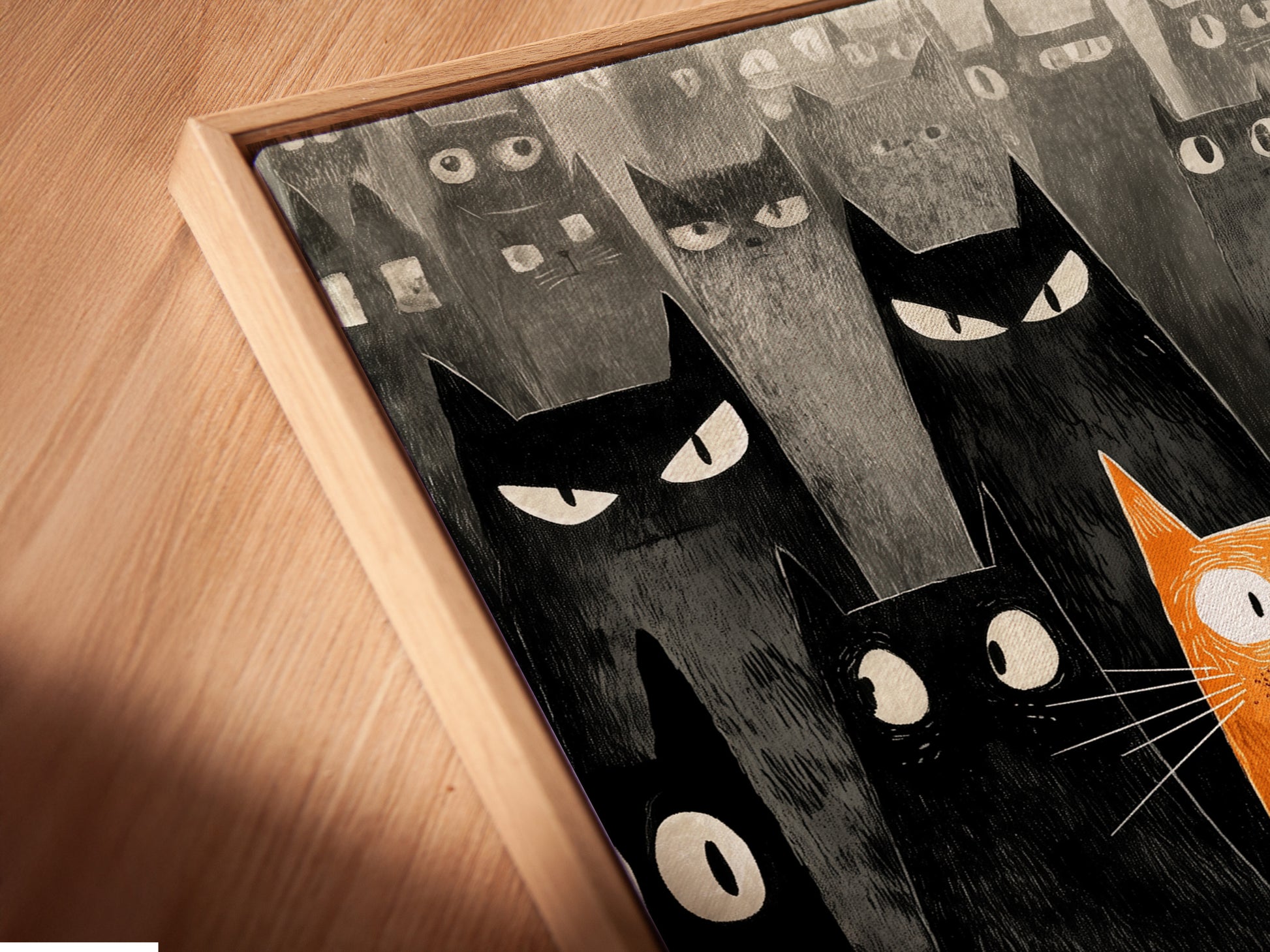 A close-up view showcases a canvas print in a floating frame. The frame enhances the artwork. It creates a sophisticated gallery-like display. The canvas appears to float within the frame. Discover our framing options today