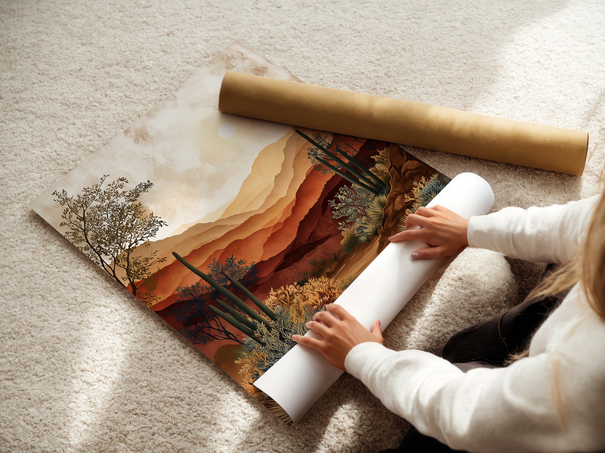 A woman is carefully rolling a fine art poster paper. The poster paper is high-quality. She is ensuring a smooth surface for display. This highlights the care and precision involved. It preserves the integrity of fine art prints. Perfect for art enthusiasts.