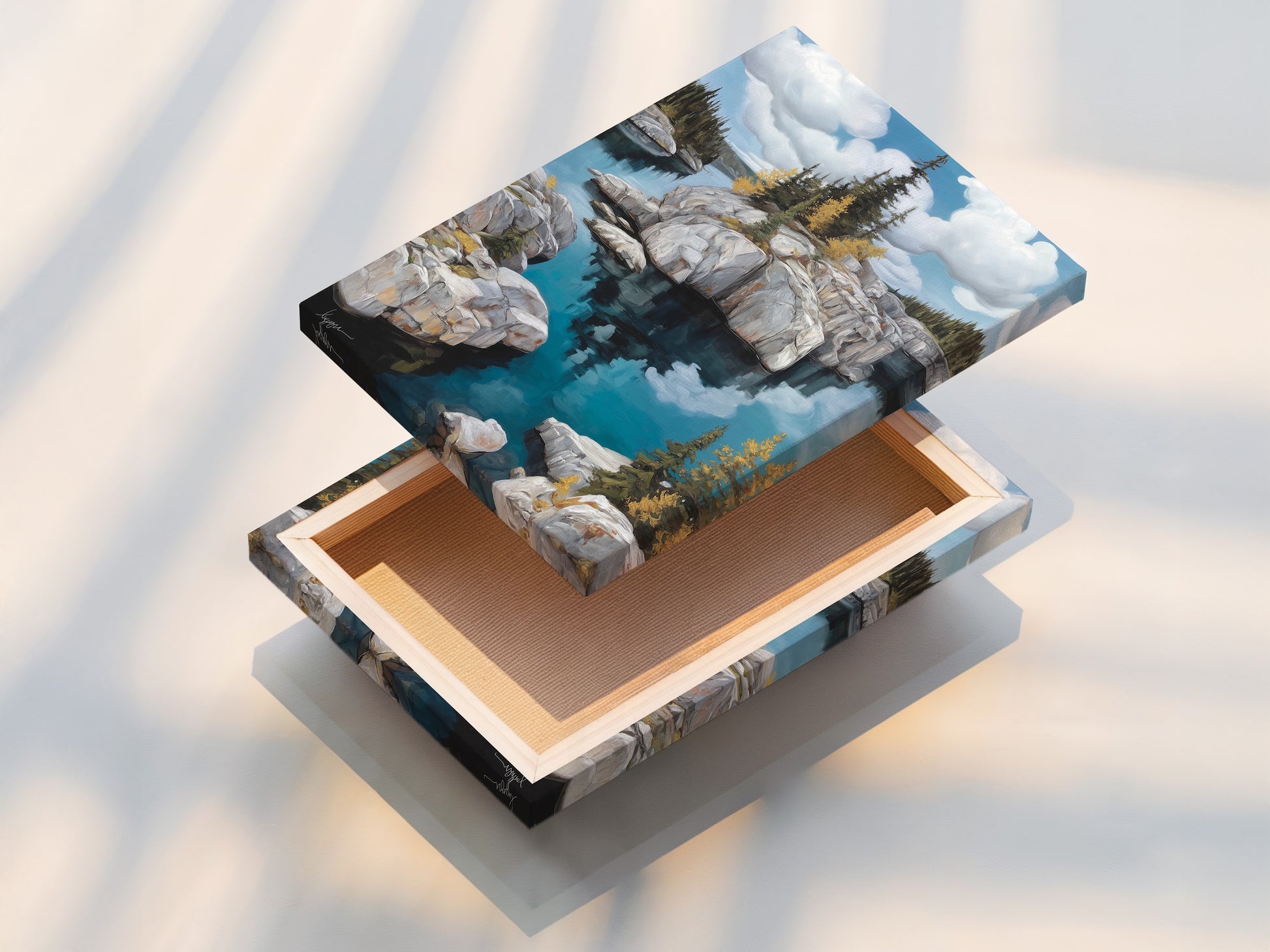 Experience the beauty of a stretched canvas print. The artwork features a stunning lake landscape. Its teal blue hues and rocky island artwork create a captivating focal point. Perfect for adding a touch of nature to your space.