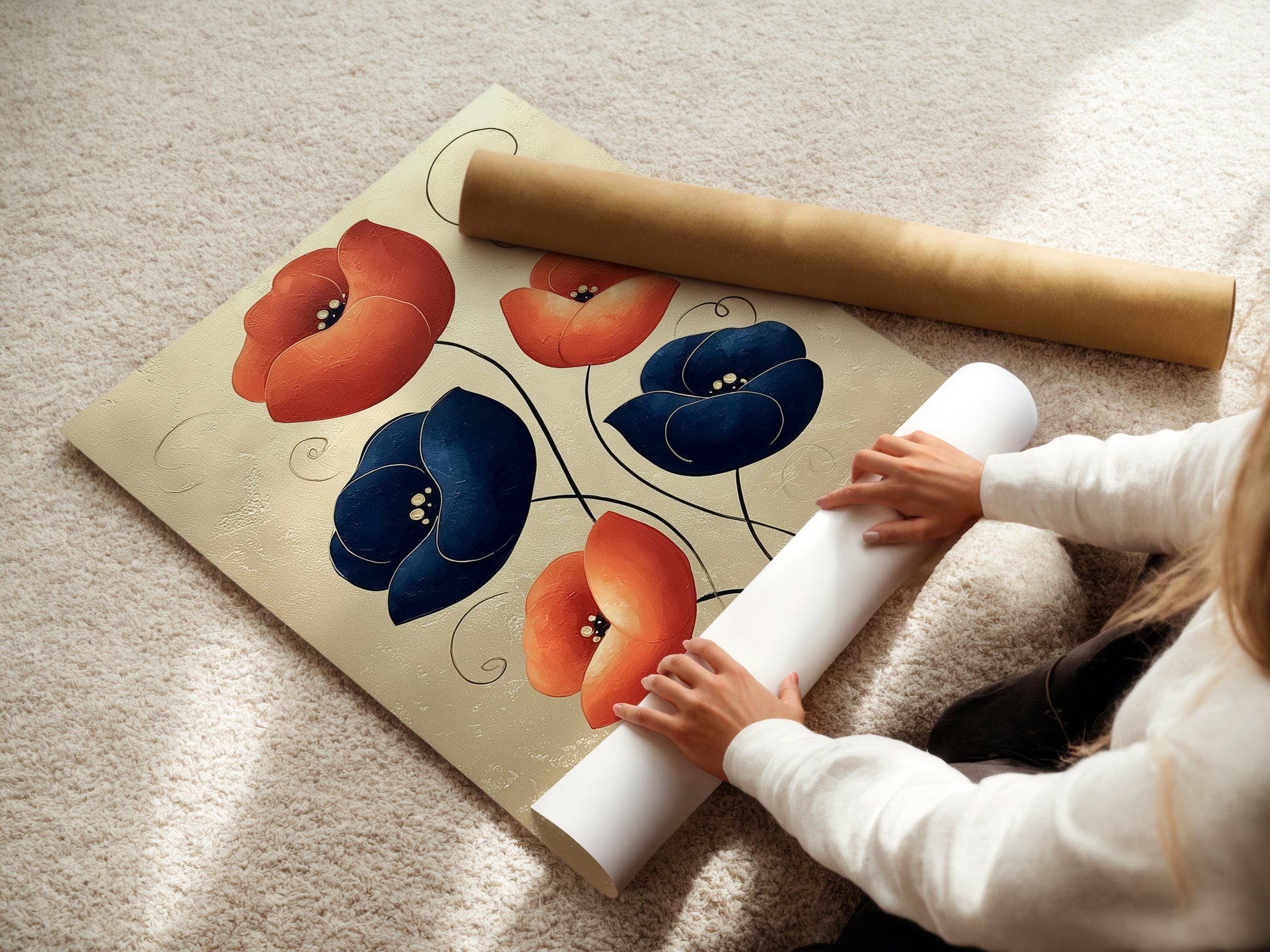 A woman is carefully rolling a fine art poster paper. This modern floral art print features navy blue and coral flowers. Perfect for homeowners renters and business owners. Seeking elevated modern wall decor.