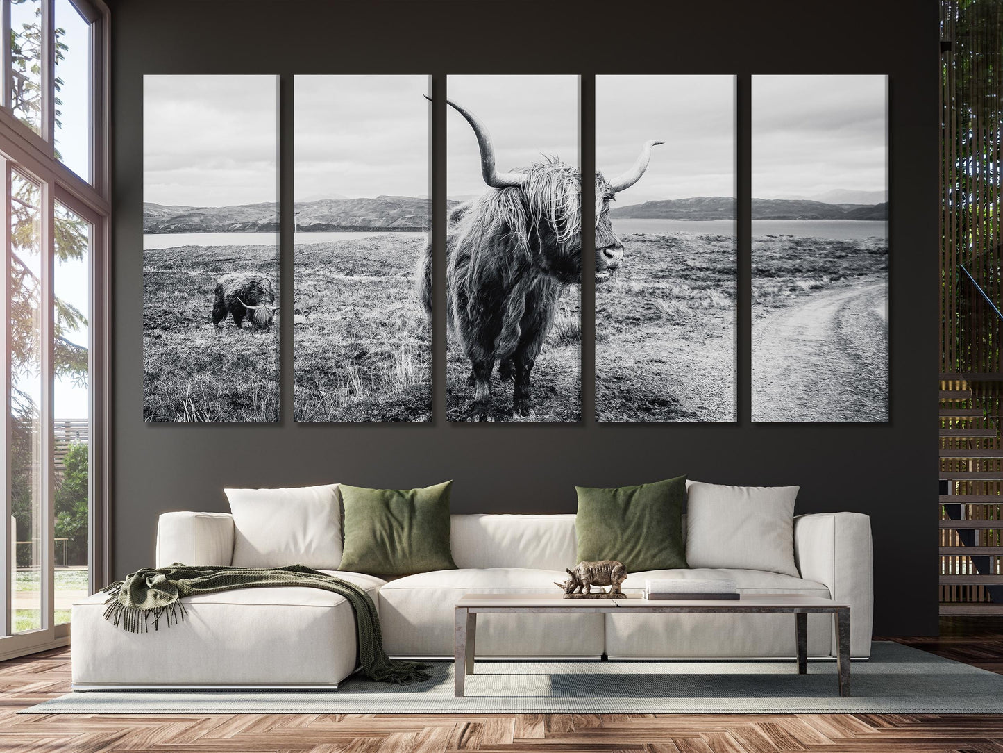 Highland Cow Leinwanddruck, Schwarz-Weiß-Wandkunst im Landhausstil, Übergroßes Landhaus-Dekor, rustikales Highland Cattle Kunstwerk für gemütlichen Raum