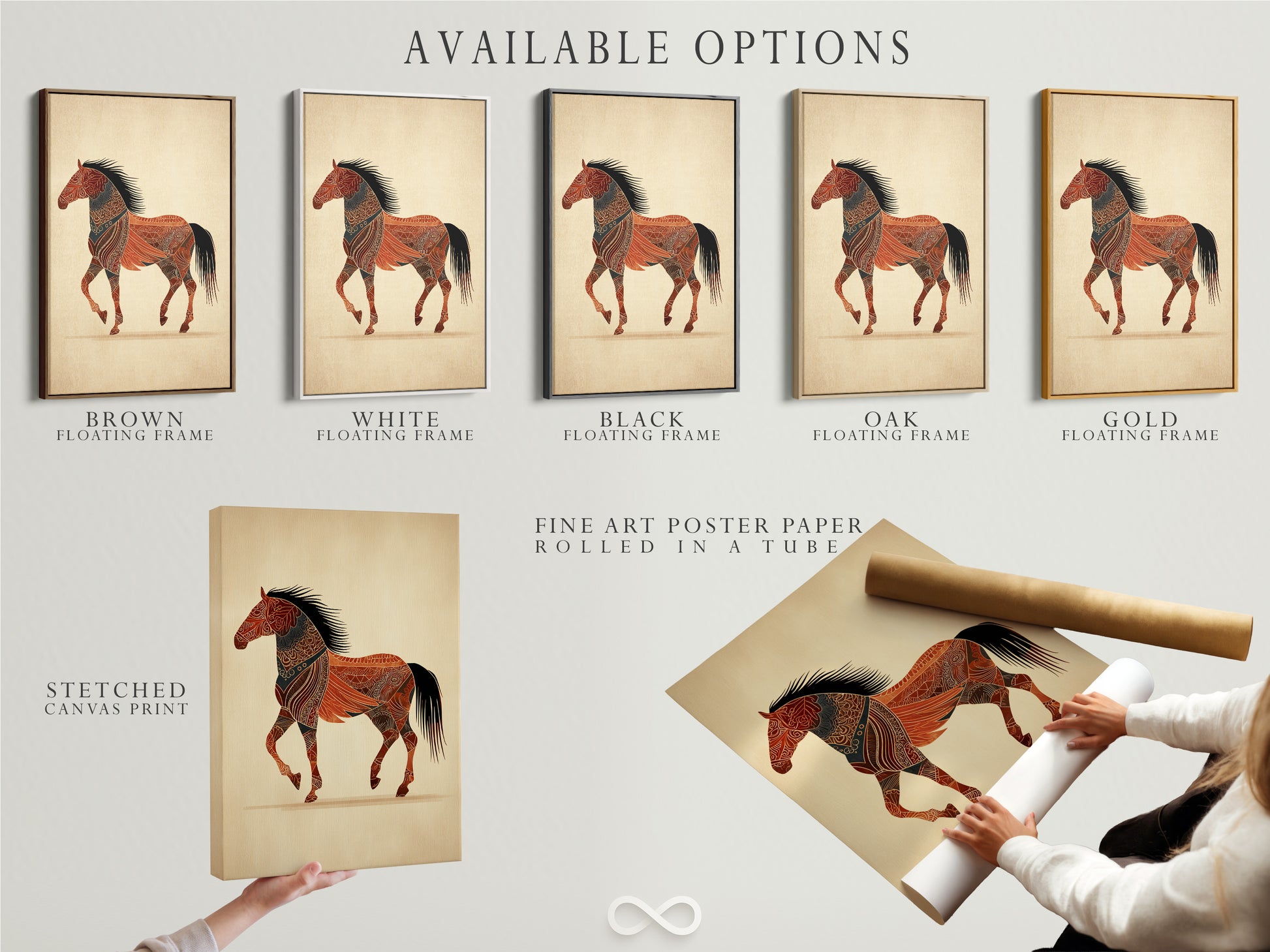 Available options are displayed. Options include a stretched canvas print. Fine art poster paper is also available. Consider a floating frame for a unique look. Explore our diverse art display options.