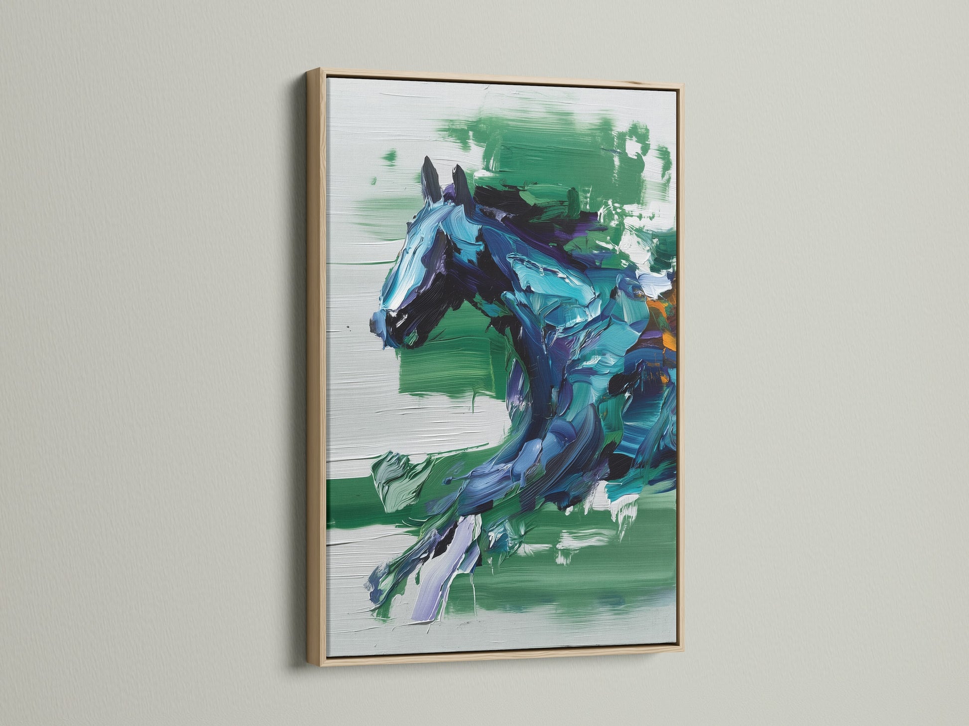 This is an oak frame showcasing a blue and green abstract horse art print. This equestrian print adds refined modern style. Perfect for living rooms bedrooms or offices. The oak frame enhances contemporary farmhouse or eclectic decor.