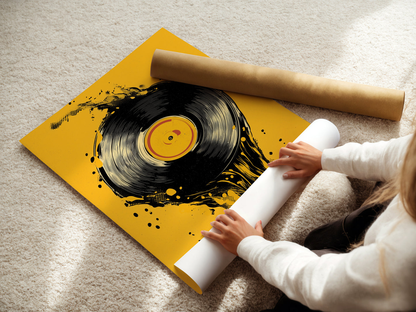 A woman is carefully rolling a fine art poster paper. The paper is high-quality ensuring vibrant colors. It also ensures detailed artwork reproduction. Fine art posters are a great way to add art to any room.