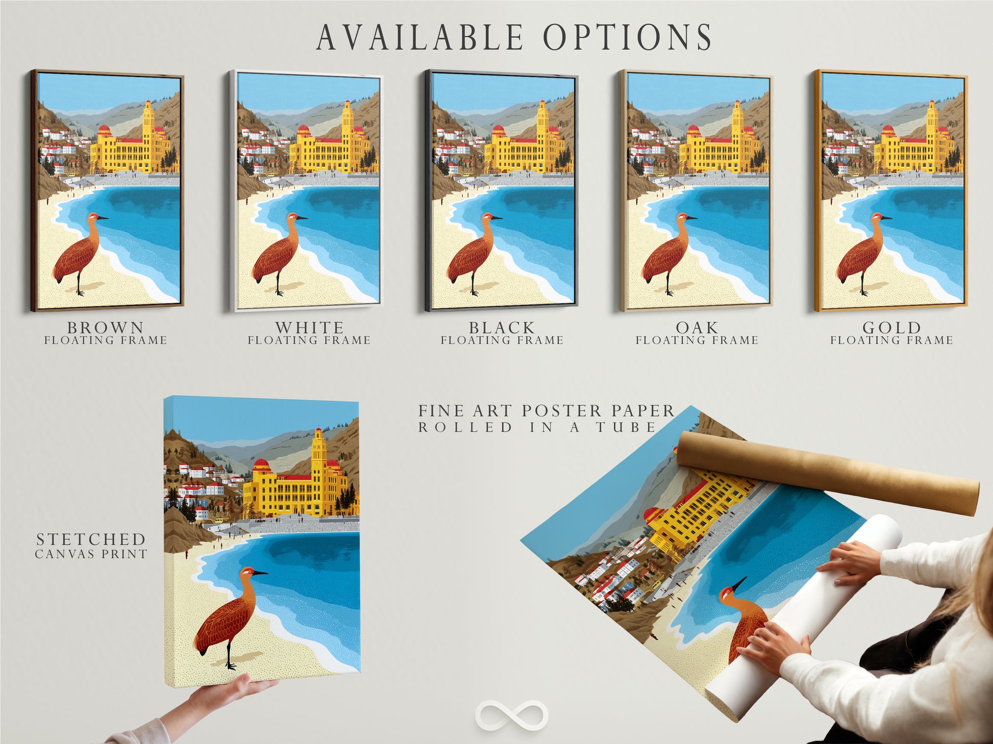 Available options for coastal artwork. Choose from a stretched canvas print fine art poster paper or floating frame. Seaside decor for beach lovers. Ochre and teal art print to enhance your space. Select your perfect architecture art.