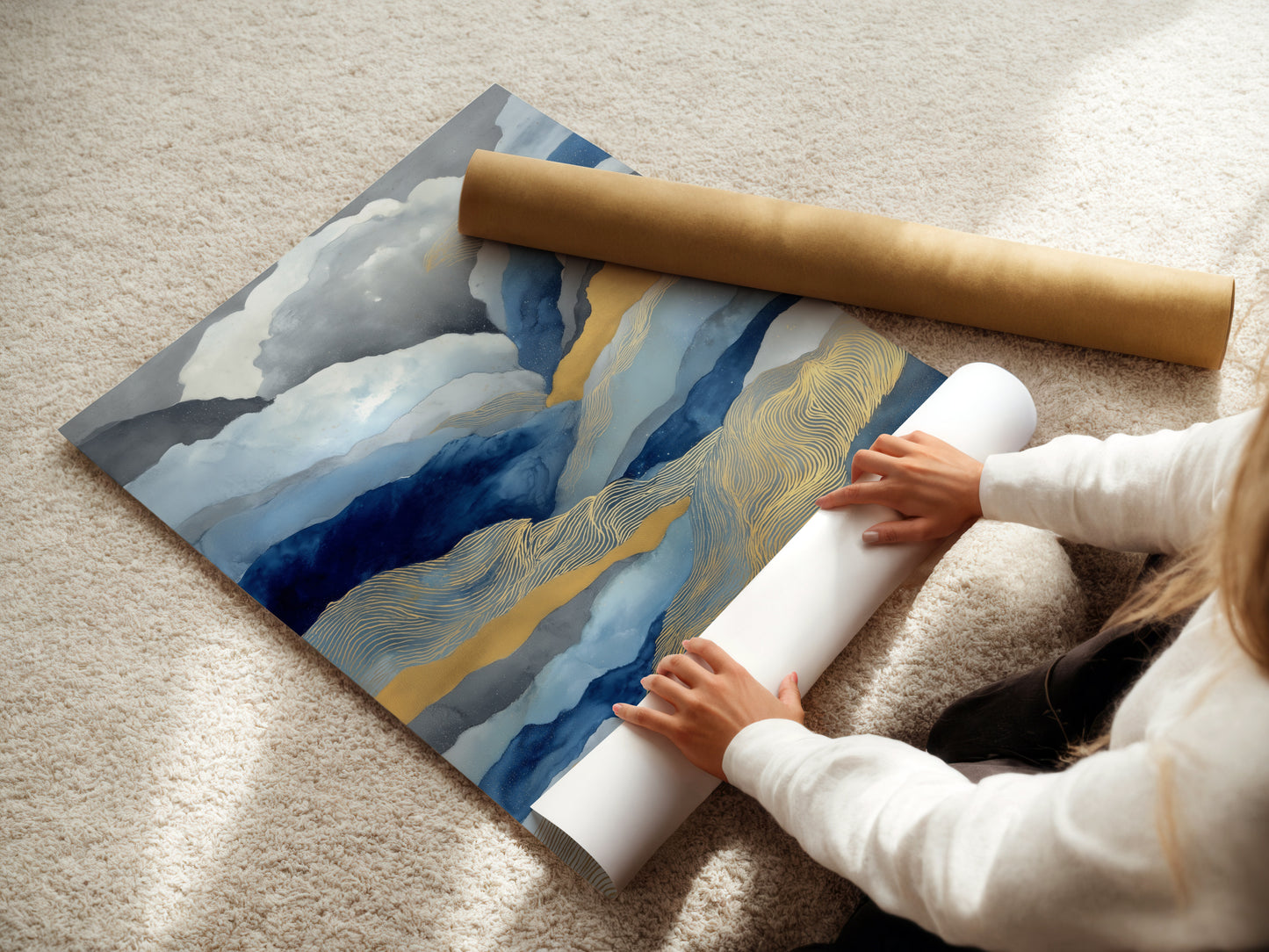 Woman rolling fine art poster paper. Preparing abstract mountain artwork for print. Blue and gold landscape wall art. Modern nature artwork for your space. Elevate your decor with this contemporary piece.