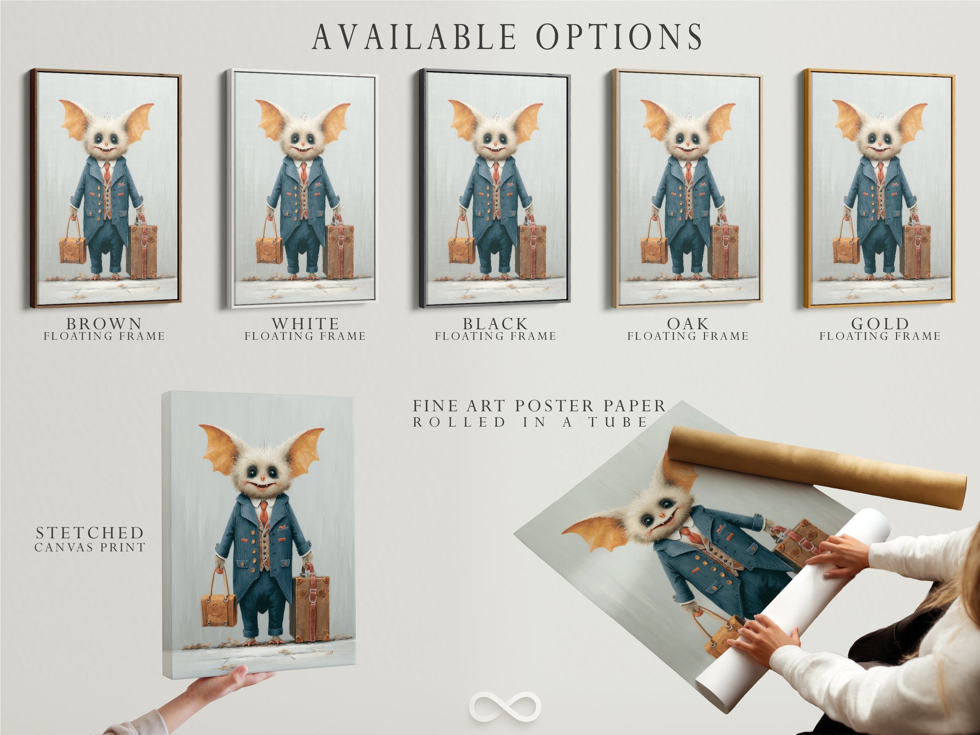 Available options for the monster travel artwork include a stretched canvas print fine art poster paper and a floating frame. Choose the perfect format to suit your style. The artwork features a cute monster in a suit. It's ideal for nurseries playrooms or quirky office spaces. Add a whimsical touch.