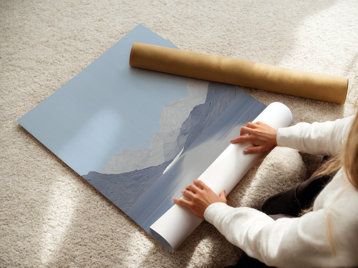 A woman is carefully rolling a fine art poster paper. The poster paper is of high quality. This ensures the artwork remains pristine. The poster paper is perfect for artwork prints. Protect your fine artwork with high-quality poster paper.