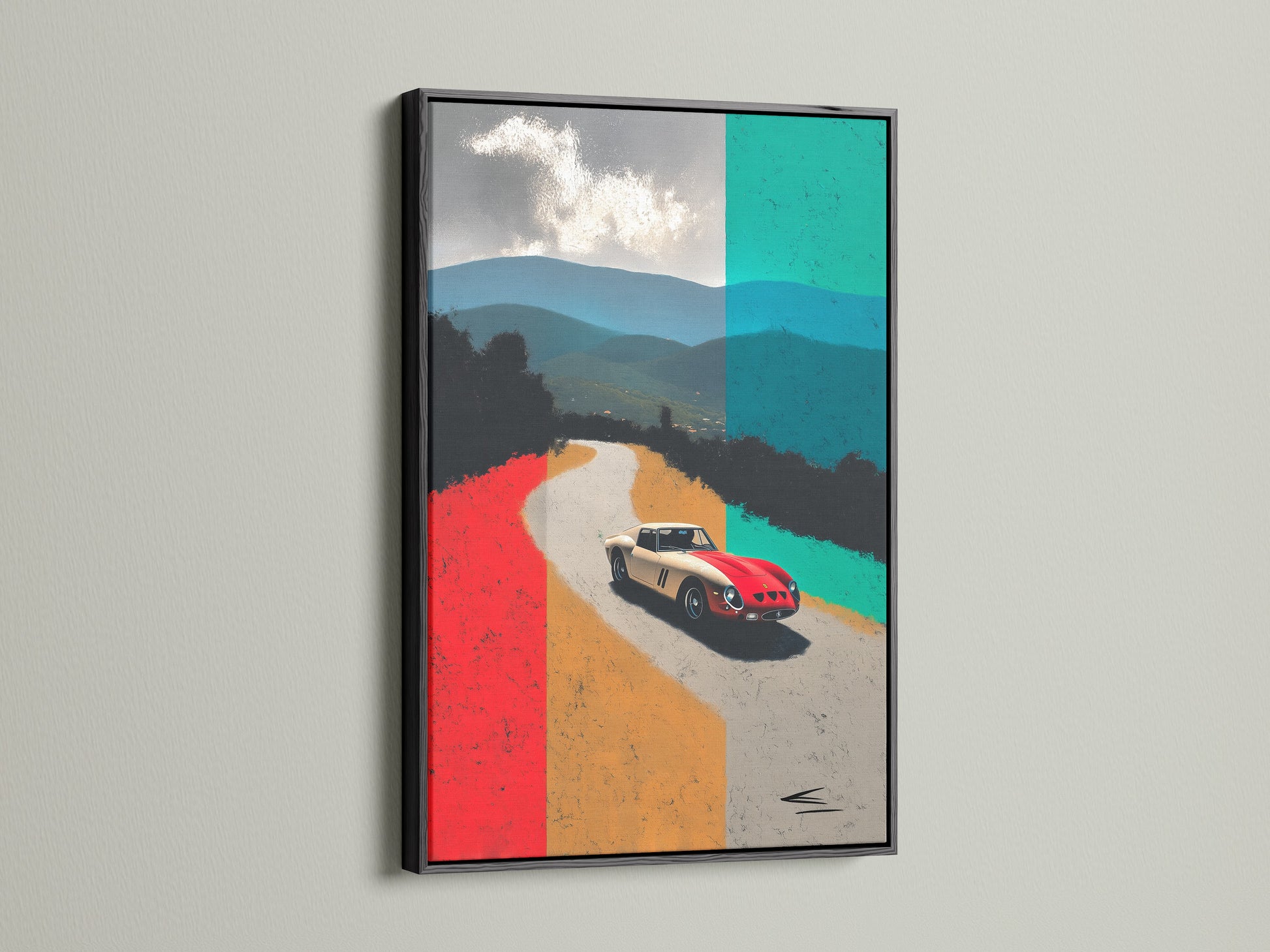 Mid-century modern artwork of a sports car in a sleek black frame. The artwork is a vintage racing scene. The black frame provides a bold contrast to the colorful art. Ideal for car enthusiasts seeking stylish wall decor.  Elevate your space.