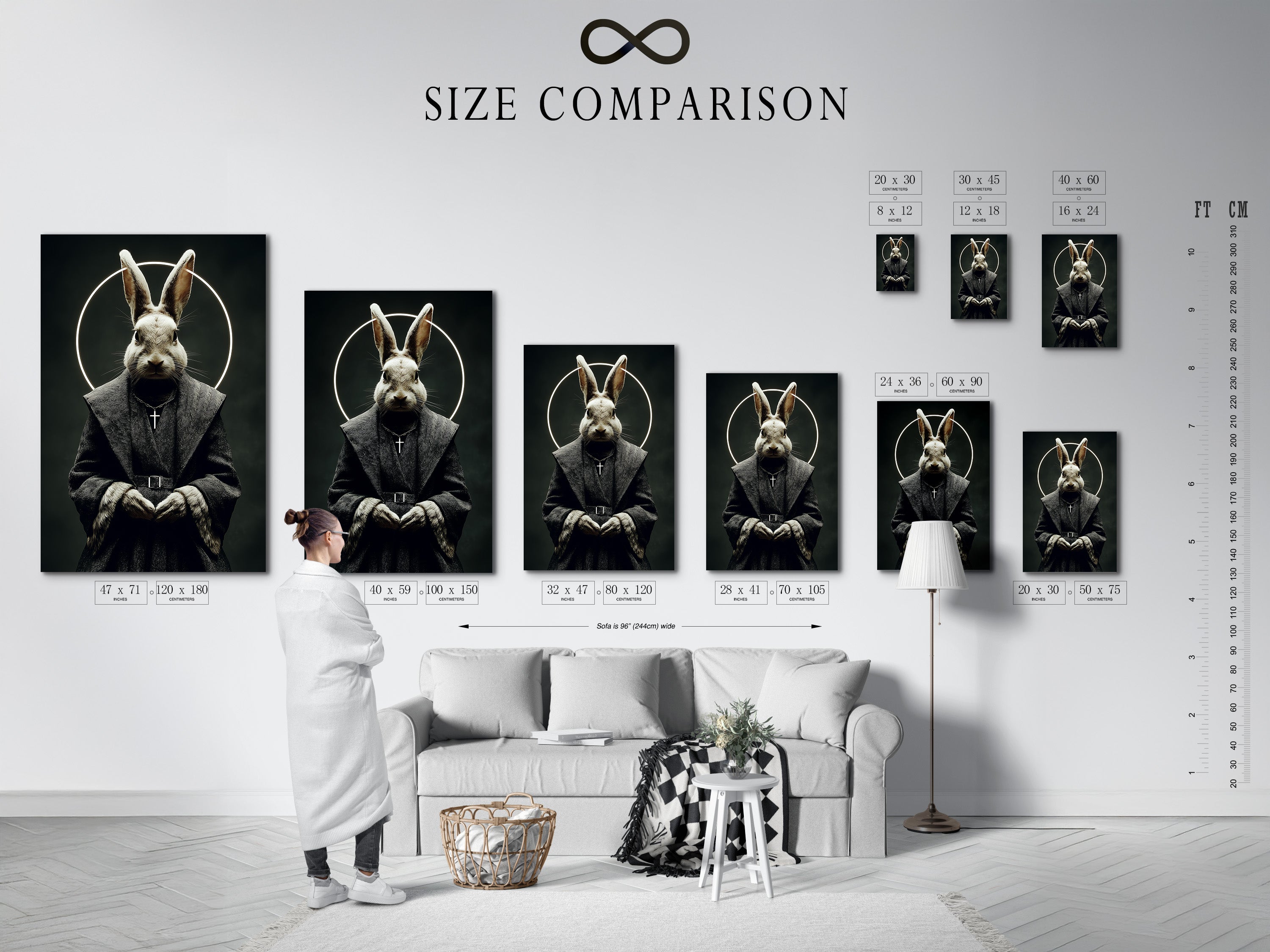 A size comparison chart is displayed in an interior setting. It shows the various sizes available for the rabbit monk art. This gothic wall art can fit any space. Choose the perfect size for your dark academia decor. This religious art print adds character.