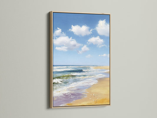 A captivating beach artwork. It is framed in oak. The oak frame enhances the artwork's natural tones. It brings a touch of warmth to any space. Perfect for coastal-themed decor.