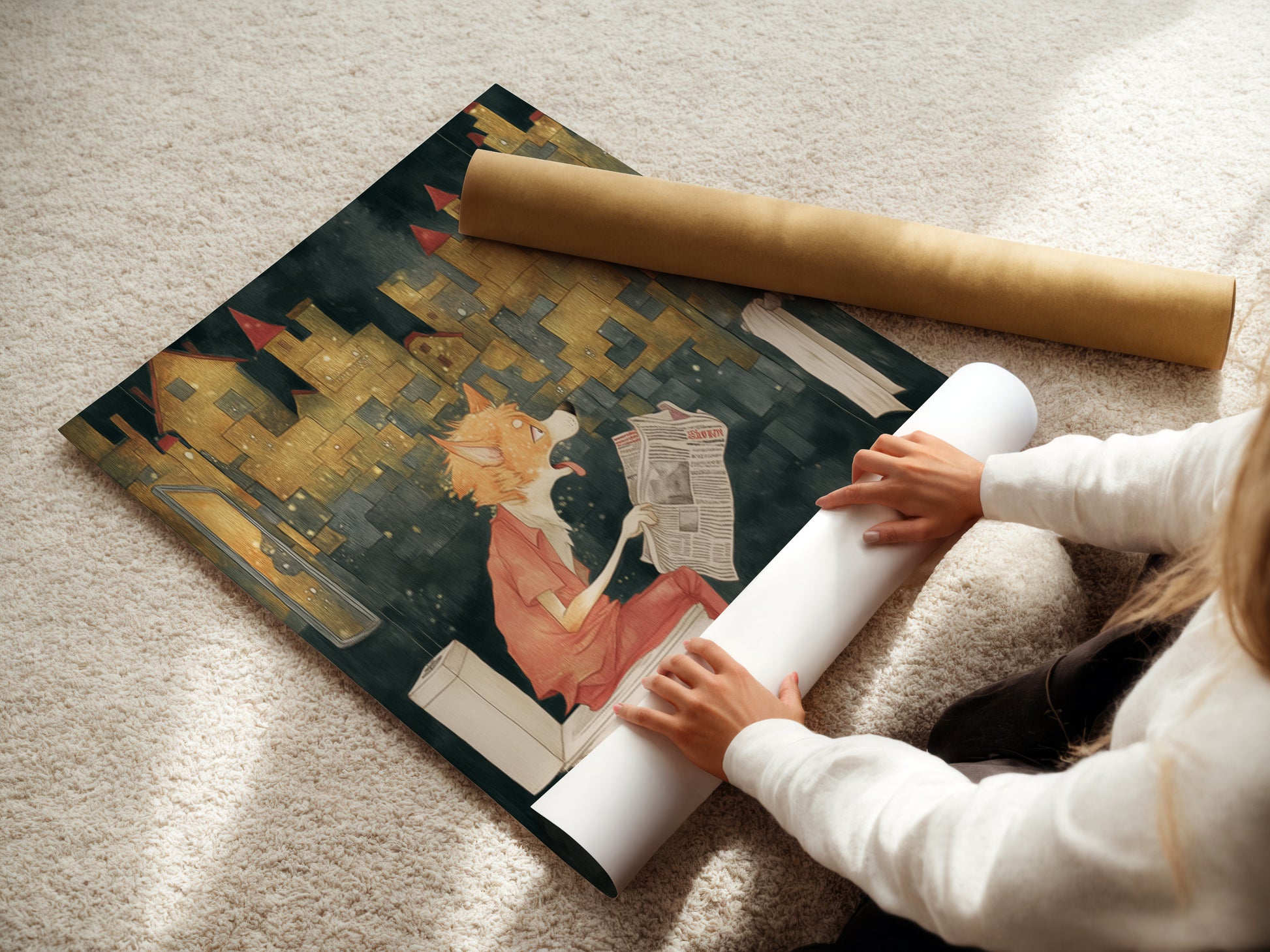 A woman is carefully rolling a fine art poster paper. The paper features a funny dog artwork. This ensures safe and pristine delivery. Perfect for protecting your new piece of art. The fine art paper enhances the artwork's quality and longevity.