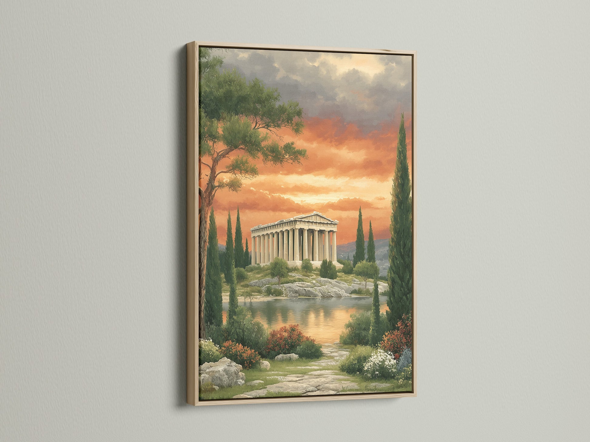 Greek Temple canvas print in an oak frame. This classical artwork brings ancient Greece to your home. The Parthenon print is ideal for living rooms and home offices. The artwork is perfect for lovers of history and classical architecture. Elevate your space with this timeless piece.