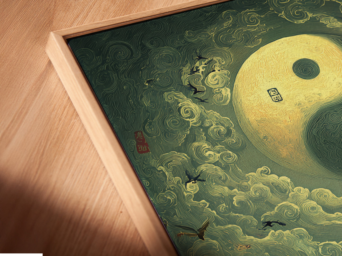 Close up of a canvas print inside a floating frame. The floating frame creates a unique shadow effect. It gives the artwork a three dimensional appearance. This framing style adds a modern touch. Experience art with depth and style today.