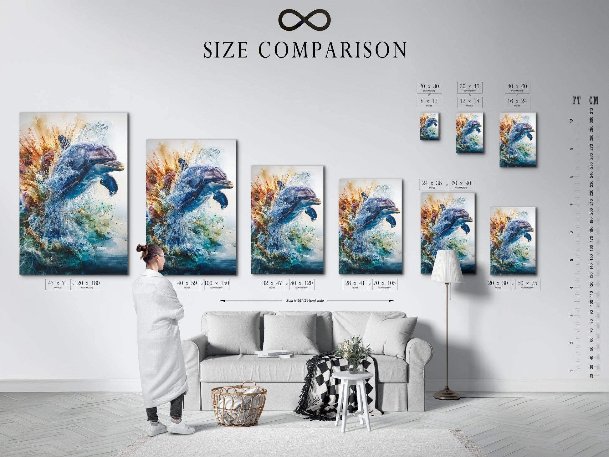 A size comparison chart is displayed in a stylish interior. Visualize artwork dimensions in real-world settings. Choose the perfect size for your space. Make informed decisions with our helpful size comparison guide.