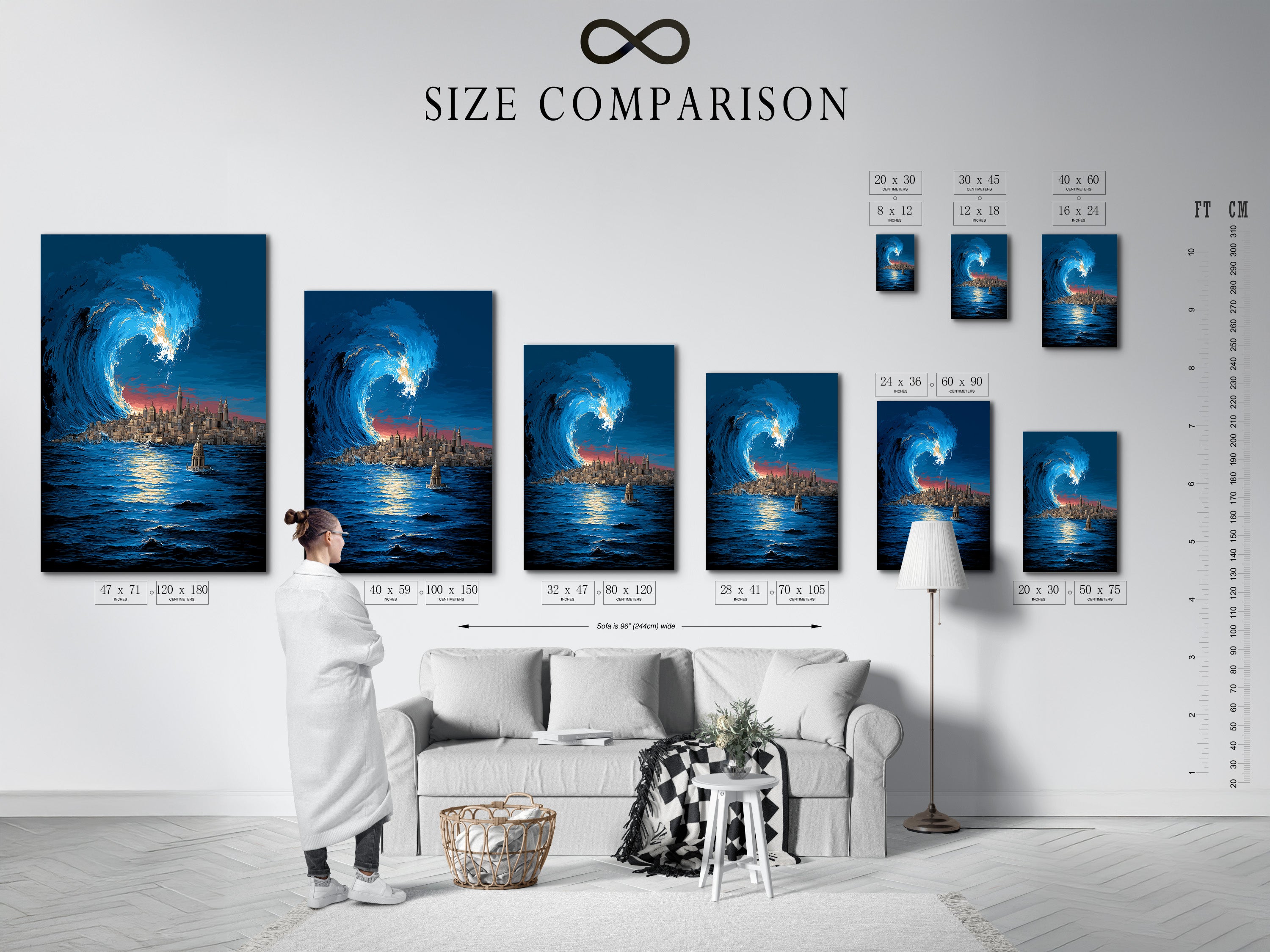 A size comparison chart is displayed in an interior setting. The chart helps visualize different sizes of ocean wave artwork prints. You can see how the art will fit in your space. This guide assists in choosing the perfect wall art for your decor needs.