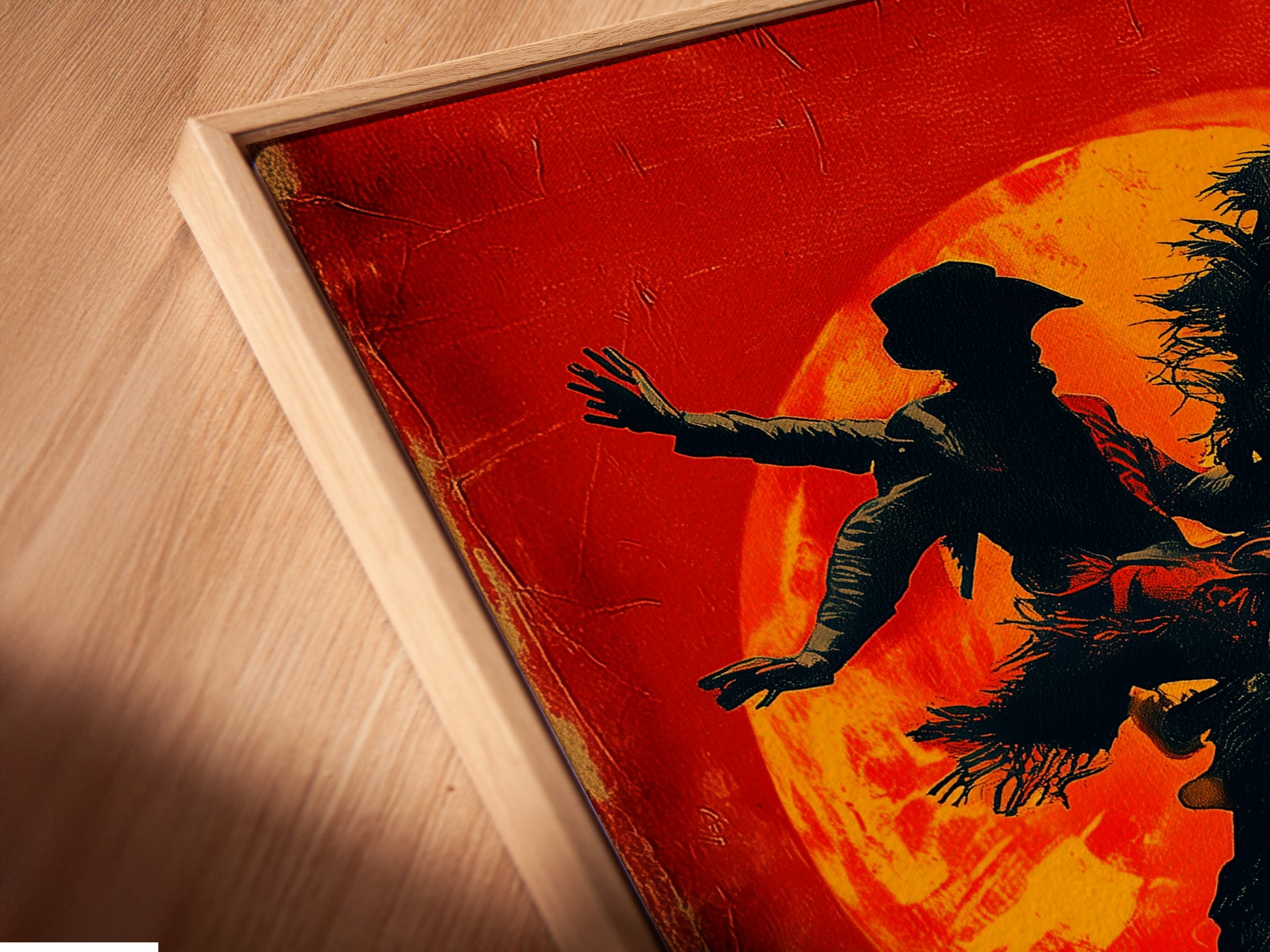 Close-up view of a canvas print. It is displayed in a floating frame. The floating frame gives the artwork depth. It also adds a contemporary feel. See the attention to detail in our framing