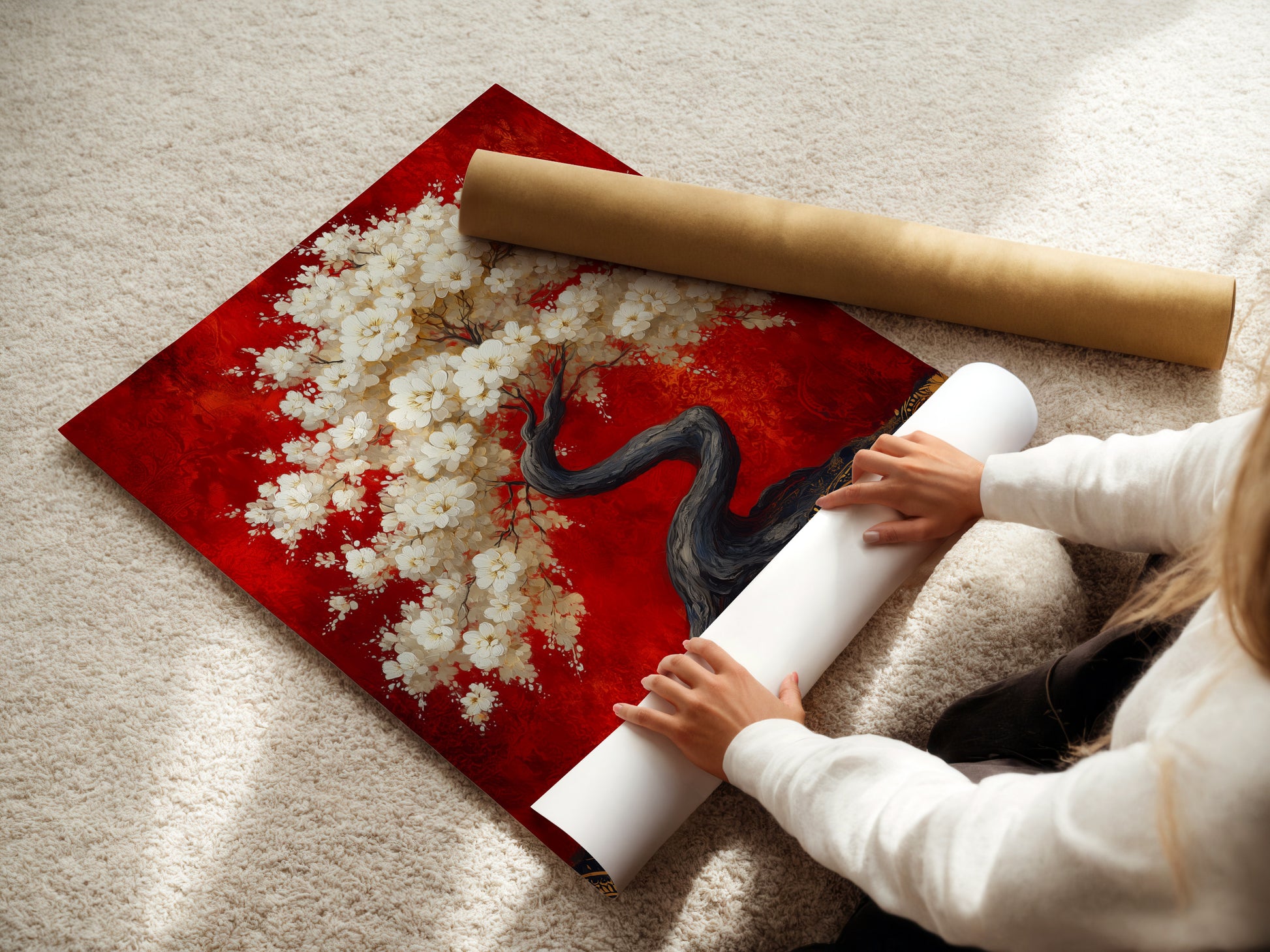 A woman is carefully rolling a fine art poster paper. The cherry blossom tree artwork is being prepared for display. This Japanese bonsai canvas wall art is perfect for adding Asian-inspired decor to your space. The red and gold colors evoke a sense of zen tranquility. Perfect for bedroom wall art.