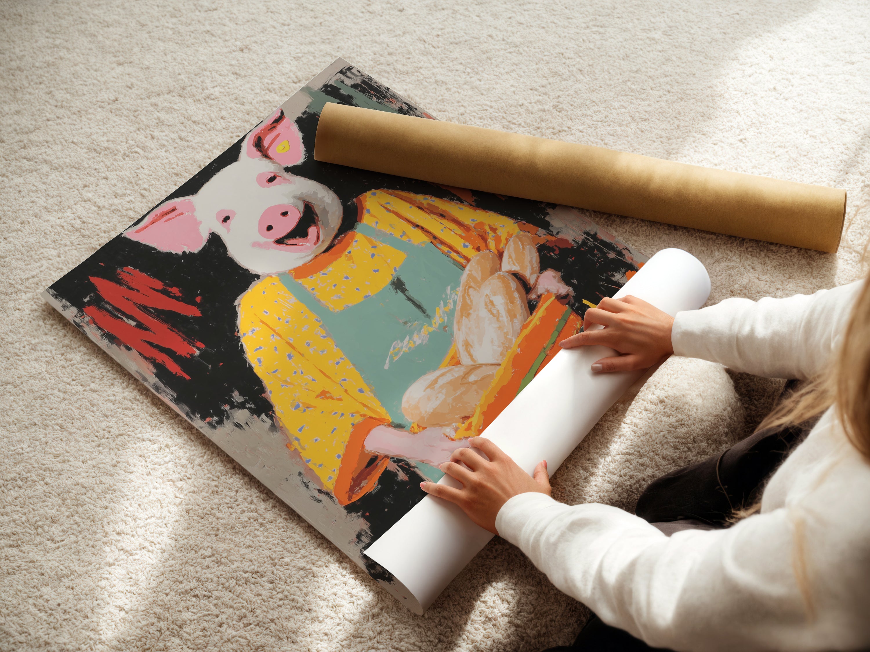 A woman is carefully rolling a fine art poster paper print. The Pig Baker artwork is printed on high-quality material. This ensures longevity and vibrant colors. The poster is perfect for framing.