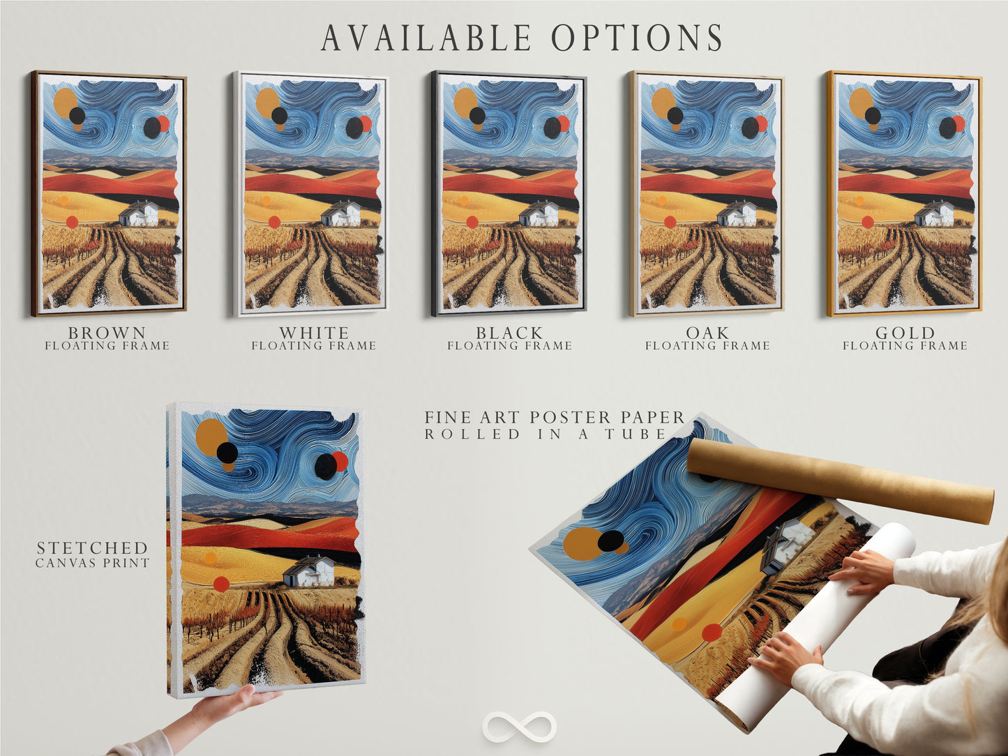 Explore the available options for abstract landscape artwork. Choose between a stretched canvas print fine art poster paper or a floating frame. The surreal farm art can be customized to your preference. Enhance your country wall decor with these versatile options. Perfect for any style or space.