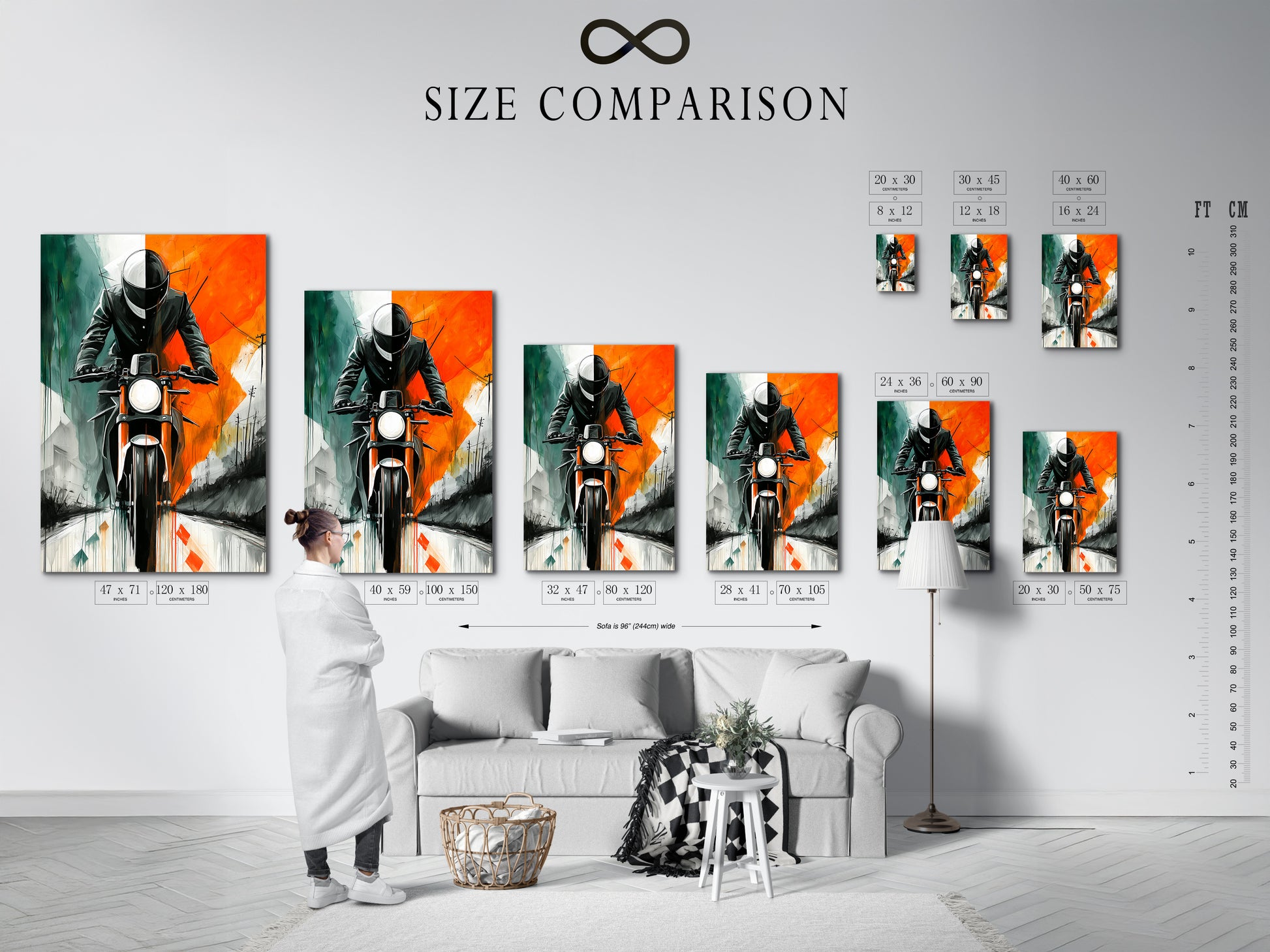 Size Comparison Chart in Interior Setting. A size comparison chart is displayed in an interior setting featuring motorcycle artwork. See how different sizes of the retro canvas print fit in your space. Perfect for planning your wall decor.