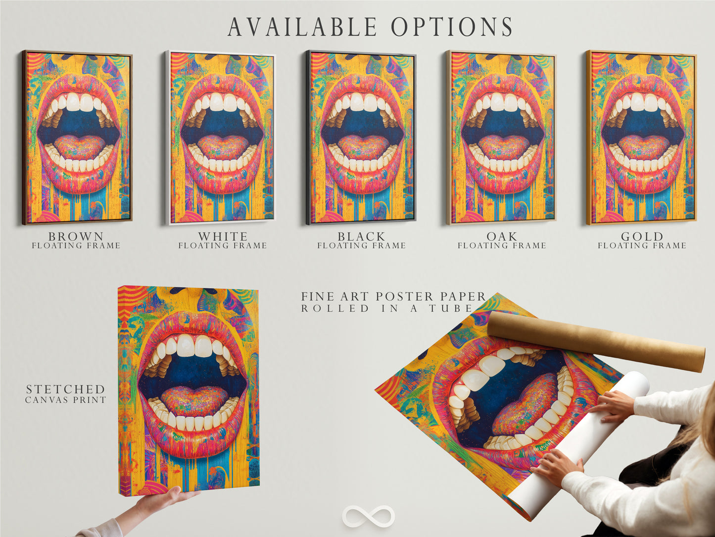 Available options for the psychedelic mouth artwork are displayed. Choose from a stretched canvas print fine art poster paper or floating frame. Find the perfect fit for your style. Get this vibrant pop art now.
