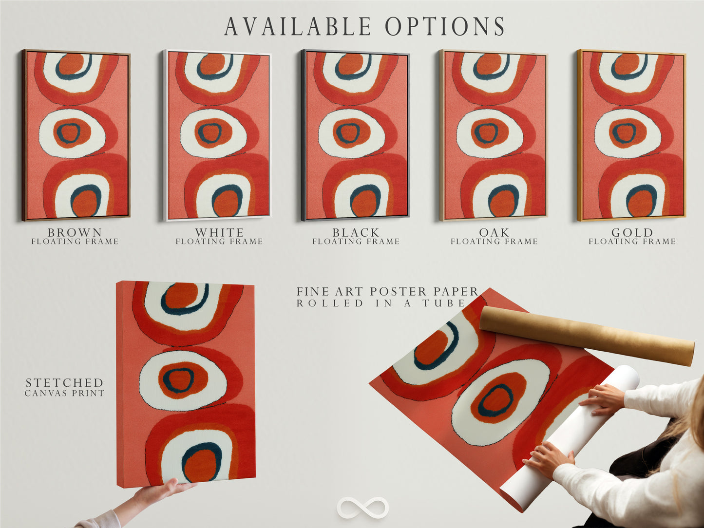 Explore the available options for this mid-century abstract artwork. Choose from a stretched canvas print a fine art poster paper or a floating frame. Customize your retro orange geometric art to match your personal style and decor preferences.