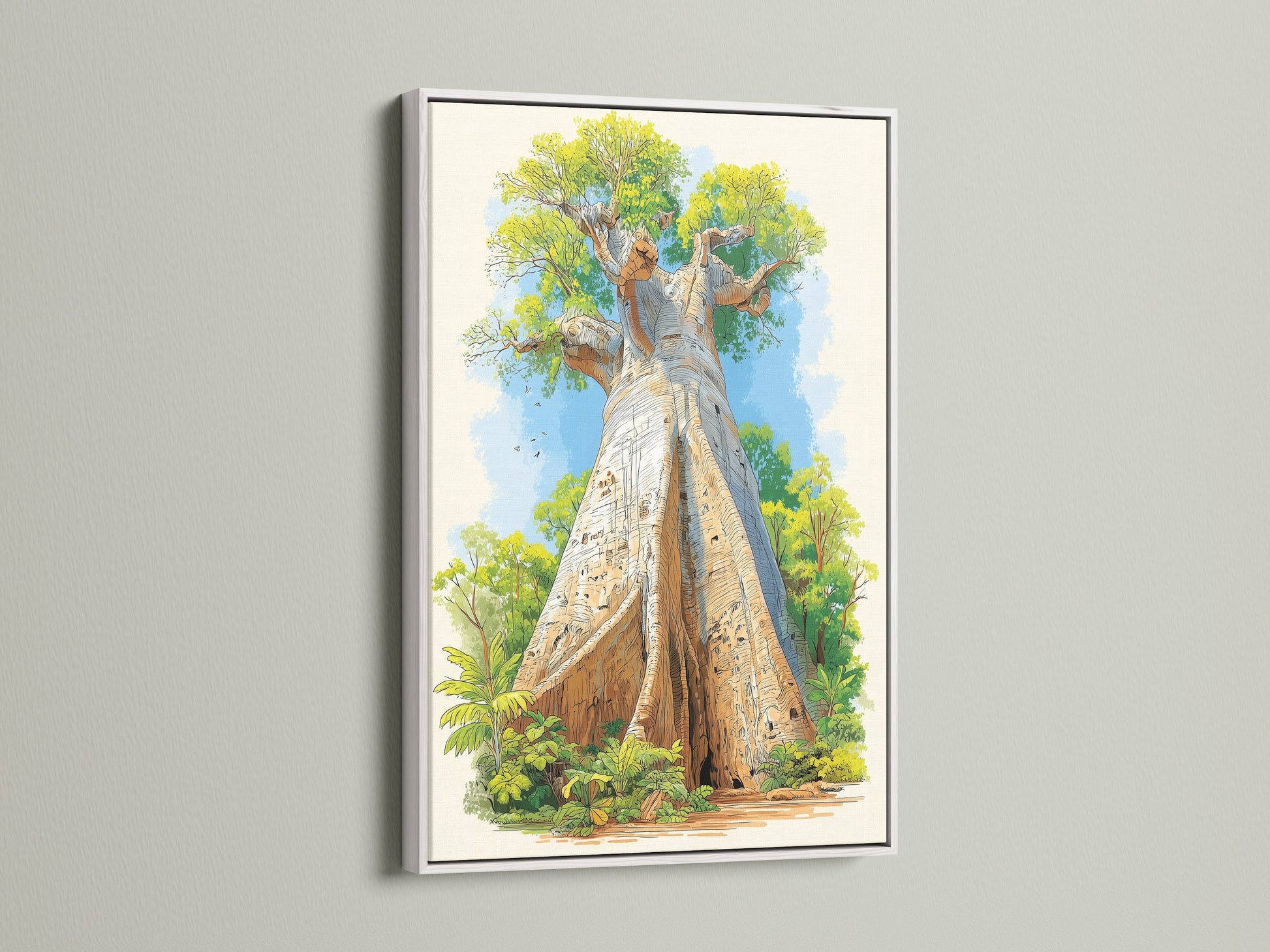 Baobab Tree artwork is elegantly presented in a white frame. The artwork is a serene African landscape botanical art piece. The white frame offers a clean modern aesthetic. It is perfect for brightening up any room with nature inspired artwork.