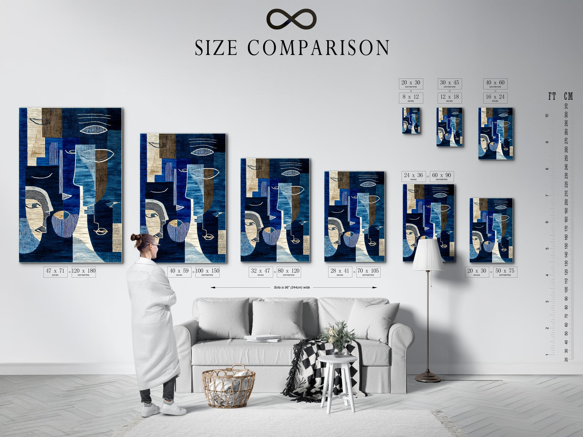 A size comparison chart displayed in an interior setting. See how this abstract blue art print fits in your space. Visualize the modern geometric canvas wall art in different sizes. Choose the perfect scale for your contemporary wall decor. This navy wall art is versatile