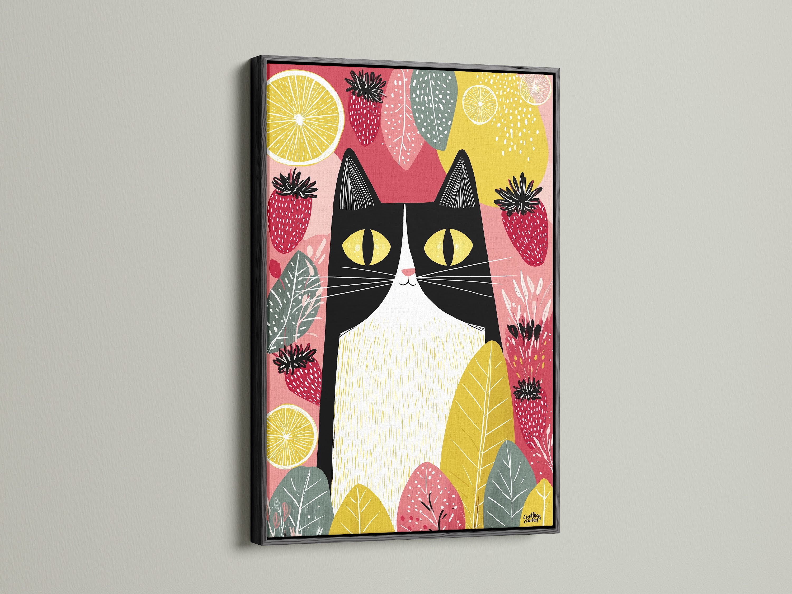 The whimsical cat art is displayed in a black frame. This modern folk cat canvas is perfect for kitchen wall decor. The colorful fruit adds charm. The artwork brings a bright touch to any room. It is ideal for adding personality to your space. This is great for dining room art.
