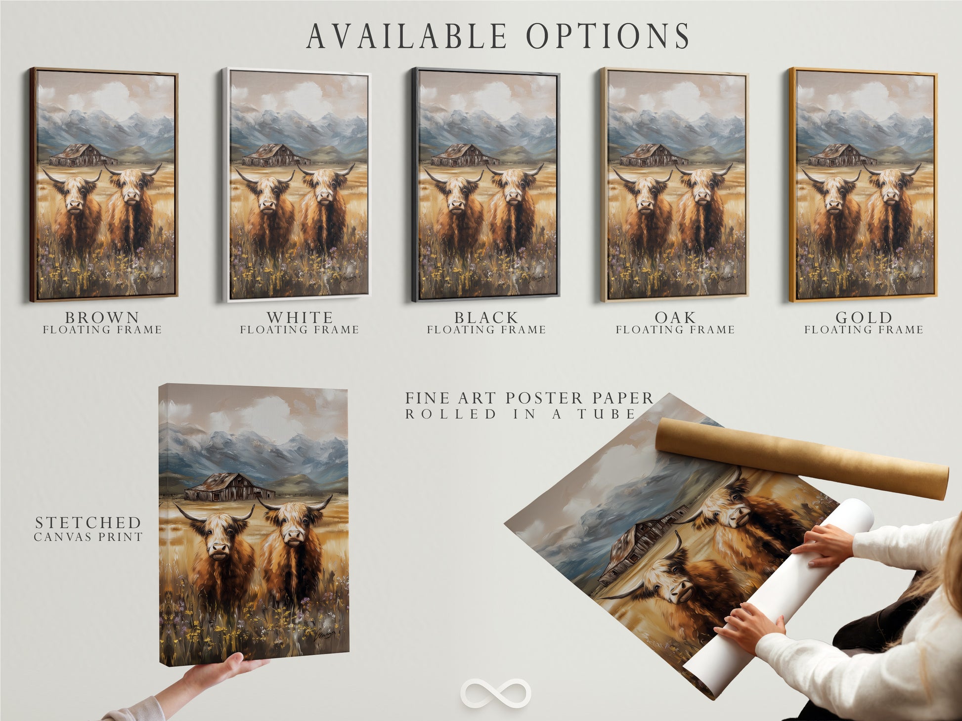 Explore available options for highland cow artwork. Choose from a stretched canvas print a fine art poster or a floating frame. Customize your perfect piece of rustic farmhouse decor.